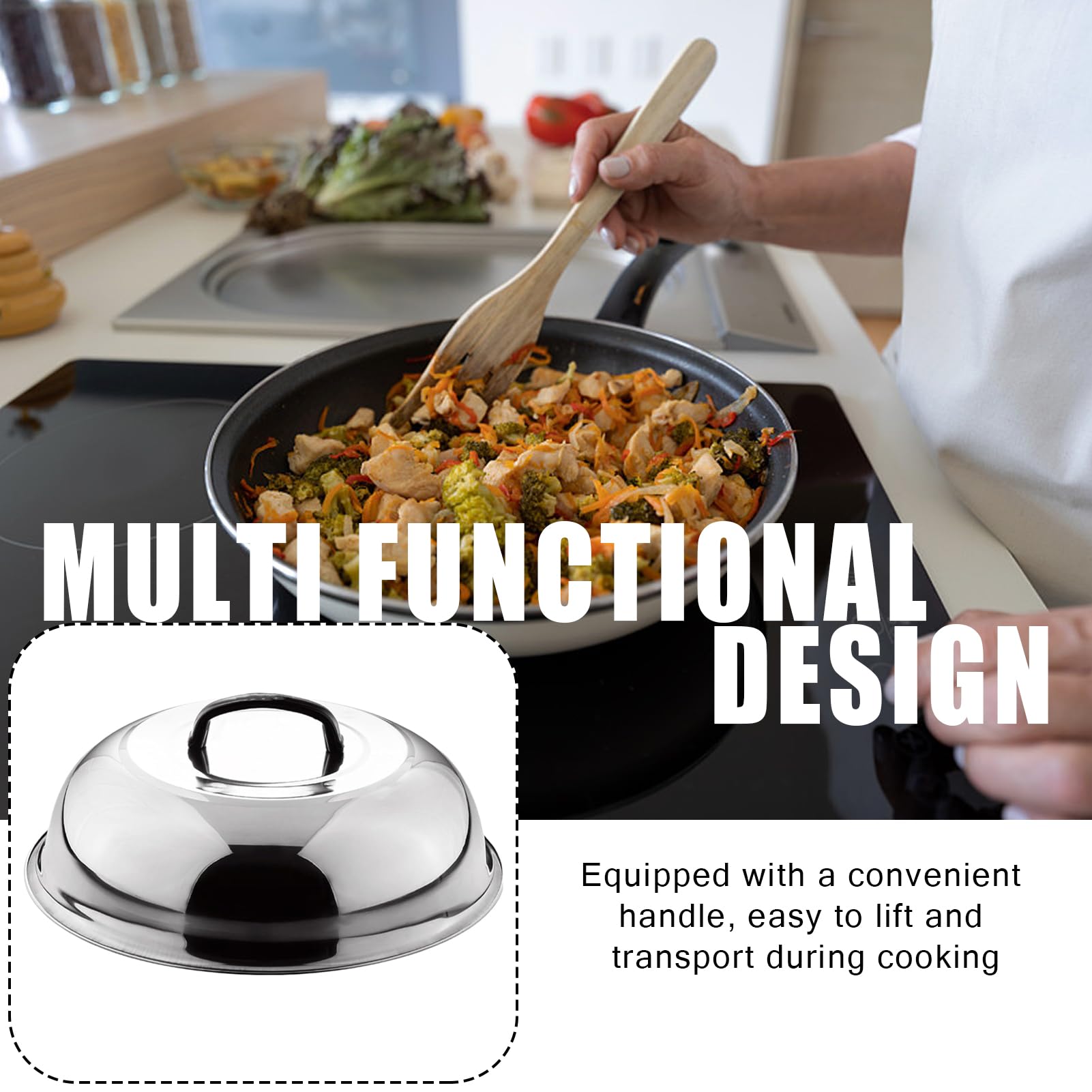 Couvercle de wok rond multifonctionnel en acier inoxydable avec poignée Couvercle Teppanyaki pour la friture, la cuisson à la vapeur et les grillades à la maison 36 cm