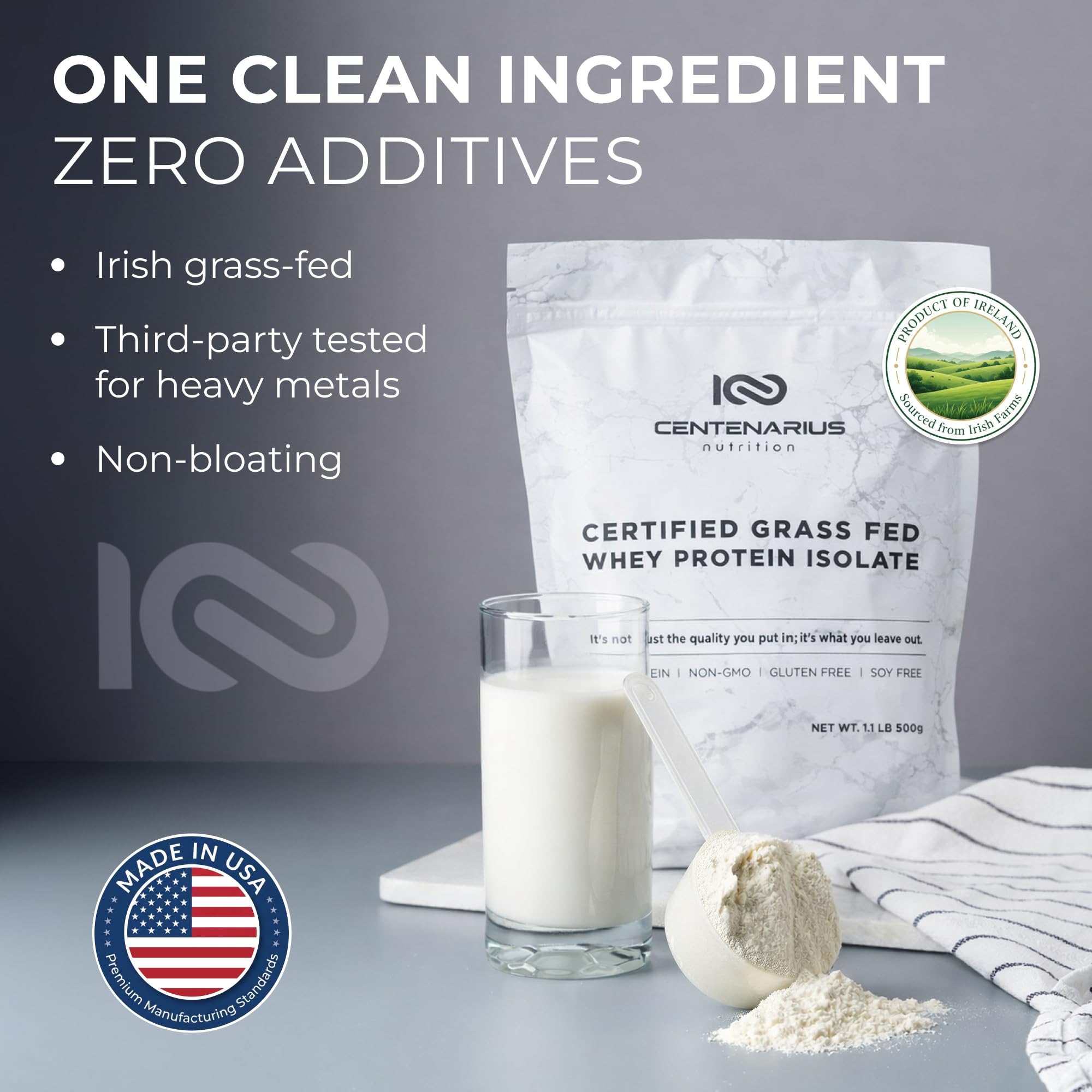 Centenarius Irish Grass-Fed Whey Protein Isolate Powder, Virtually Lactose-Free, Non-Bloating, Easily Digestible, 500g, 27g Protein, 6.7g BCAAs, Unflavored, USA Made, No Soy, No Artificial Flavors — Amazon image 3