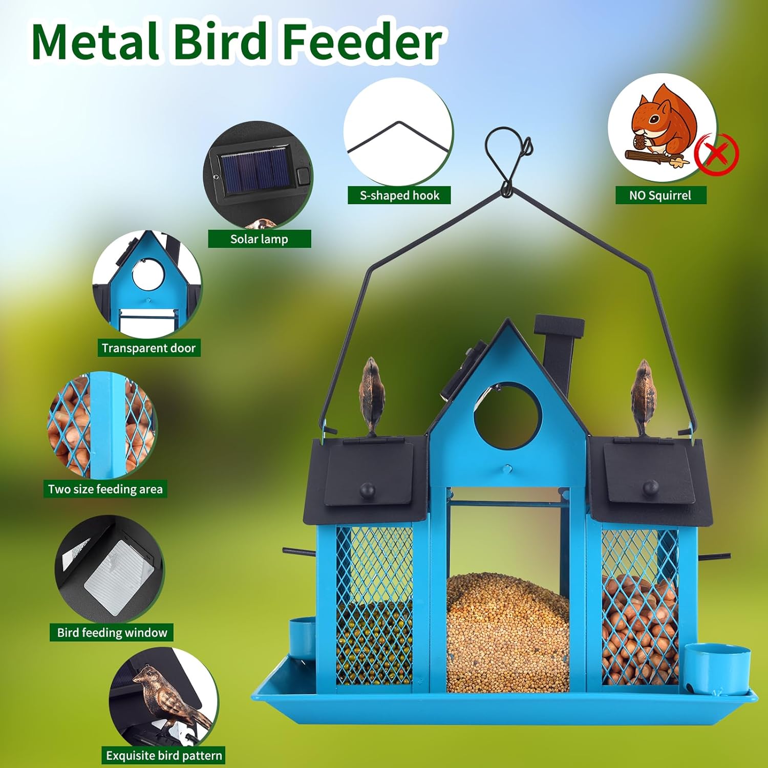 Color Blue Solar Bird Feeders House for Outside Hanging, Metal Wild Bird Feeder for Outdoors, Large Cardinal Bird Feeder Birdhouses Squirrel Proof (Blue)