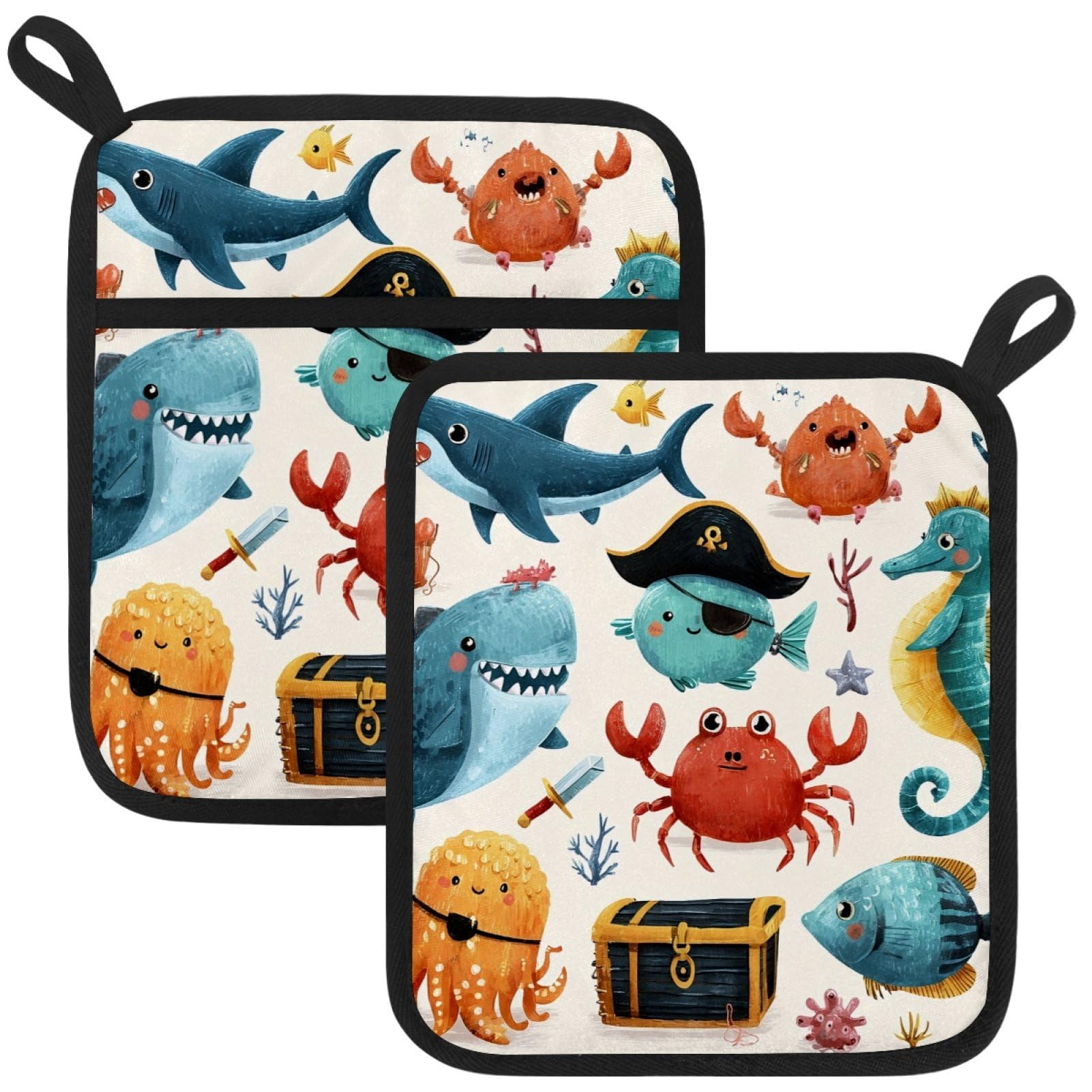 VAPOKF Pirate Marine Animals Pot Holders with Pocket for Kitchen Heat Resistant Potholders Large Polyester-Cotton Square Oven Mitts Set