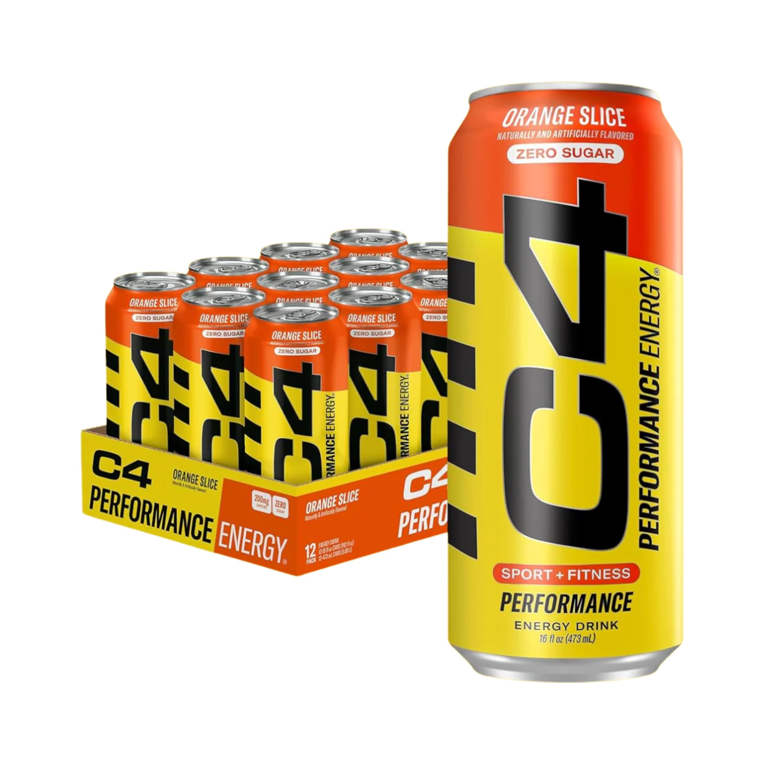 C4 Performance Energy Drink Zero Sugar Pre-Workout Beverage with Beta-Alanine & 200mg Caffeine, Carbonated Energy for Focus & Performance, Orange Slice Flavor, 473ml Pack of 12