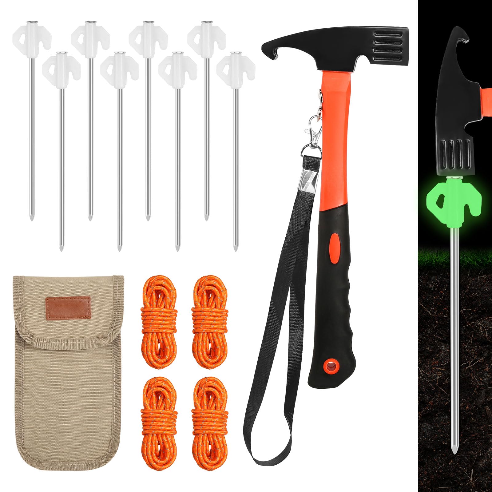 8 piquetas luminosas para tienda de campaña con martillo de camping multifunción y 4 unidades de 4 m reflectantes cuerdas tensoras y estacas bolsa de almacenamiento, accesorios para camping al aire