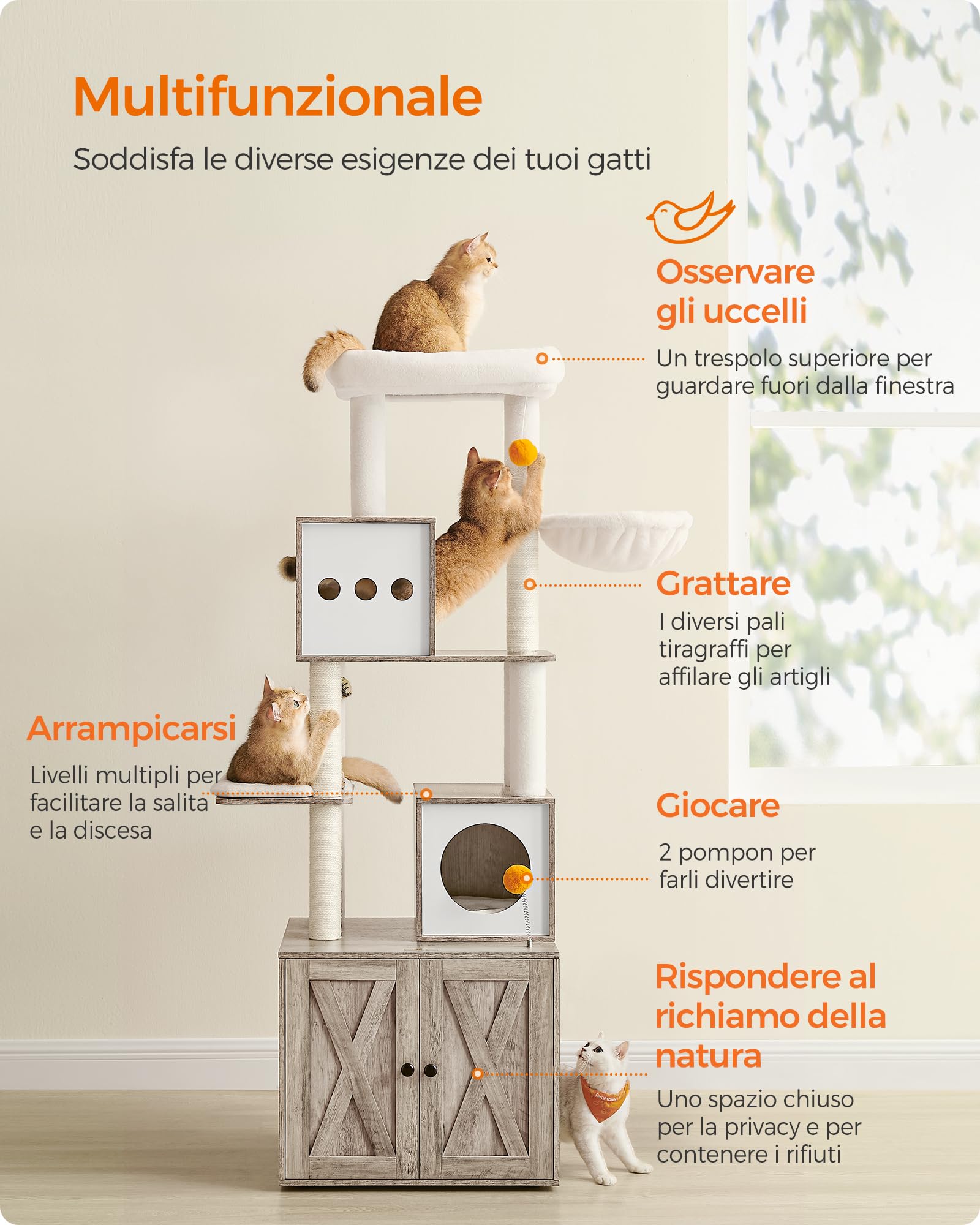 Feandrea Albero per Gatti Moderno, Tiragraffi con Mobile per Lettiera, 185 cm, Condominio per Gatti, Graffiatoi, Trespolo, Cuscini Lavabili, Greige PCT116G01