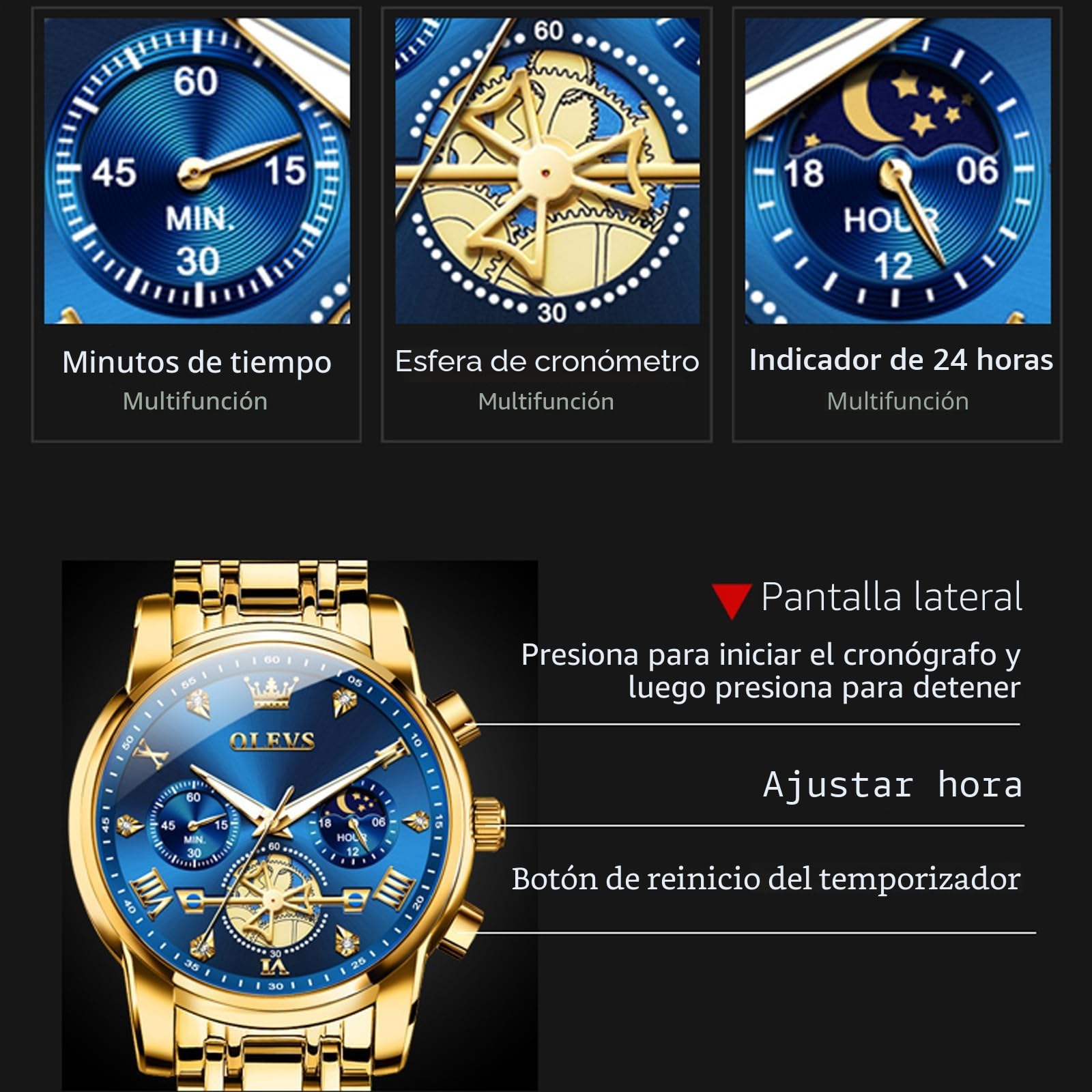 OLEVS Reloj para Hombre, con código de Tiempo, Correa de Acero Inoxidable, Resistente al Agua, Multifuncional, subesfera, Reloj de Negocios, Cuarzo Redondo