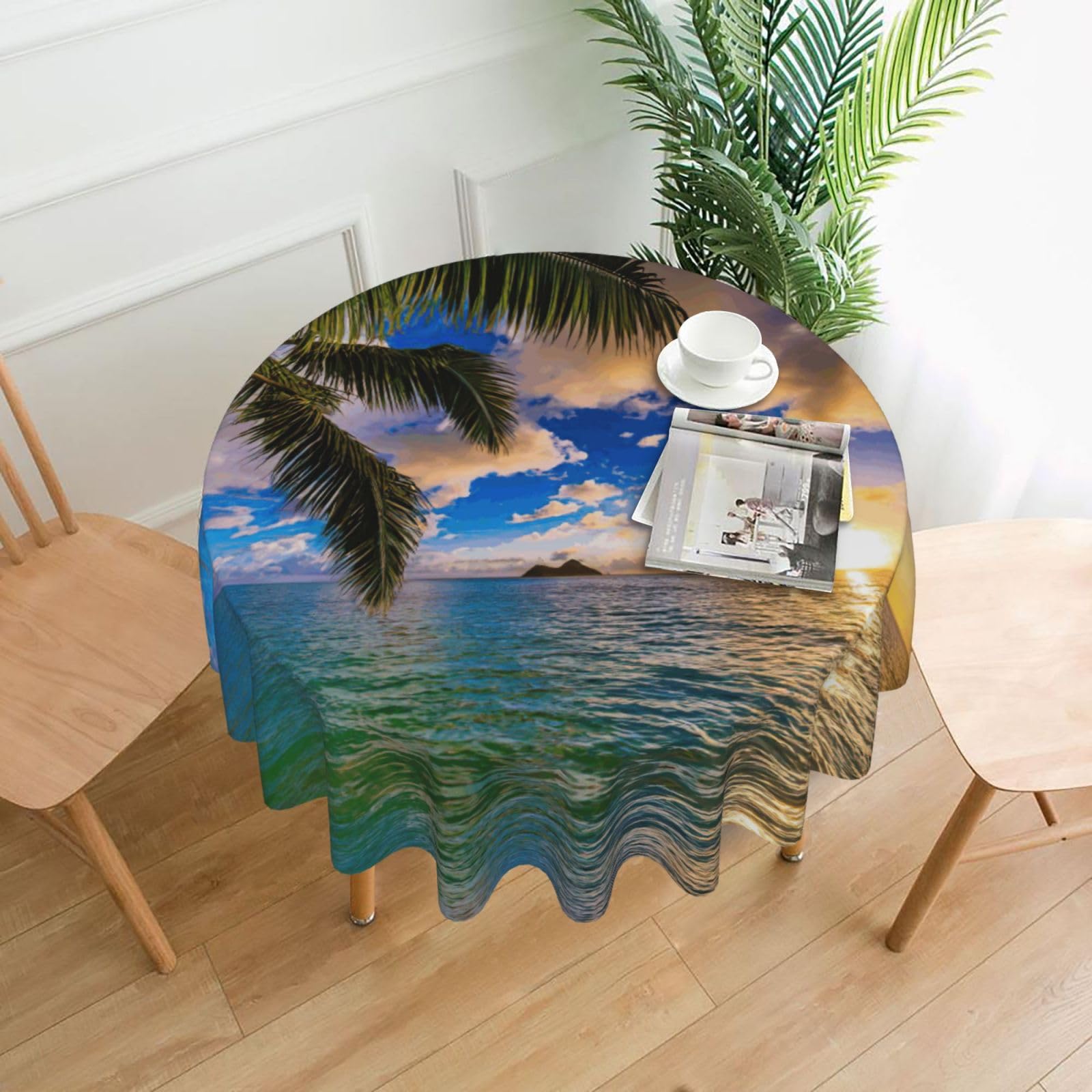 Uusnwaa Tropical Hawaii Palm Tree Ocean Sea Sunset Print Round Tablecloth 60 Inch, Stain Wrinkle Resistant Washable Polyester Table Cover For Kitchen Party