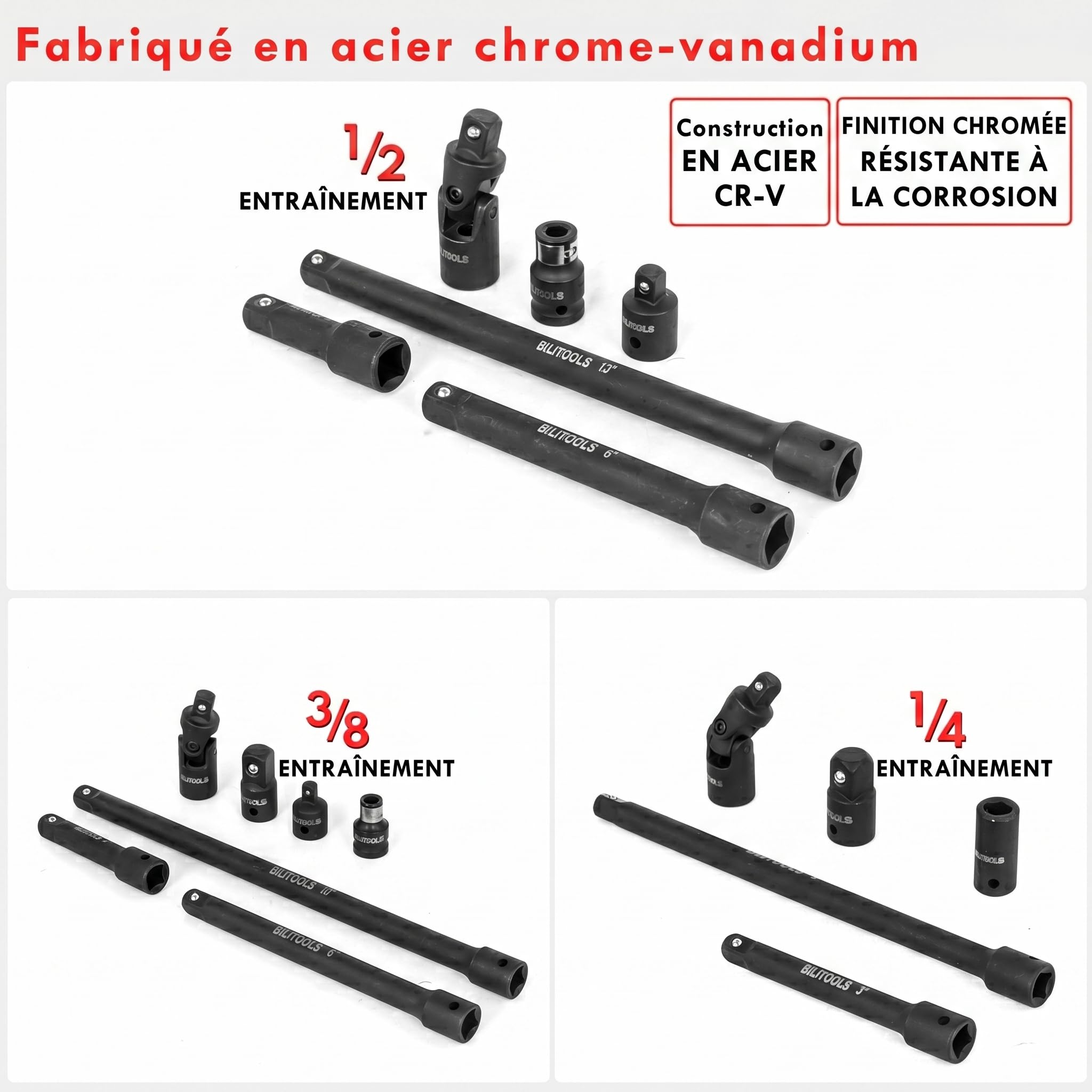 BILITOOLS Rallonge Cliquet 18 pièces 1/4", 3/8", 1/2" Jeu en acier Cr-V