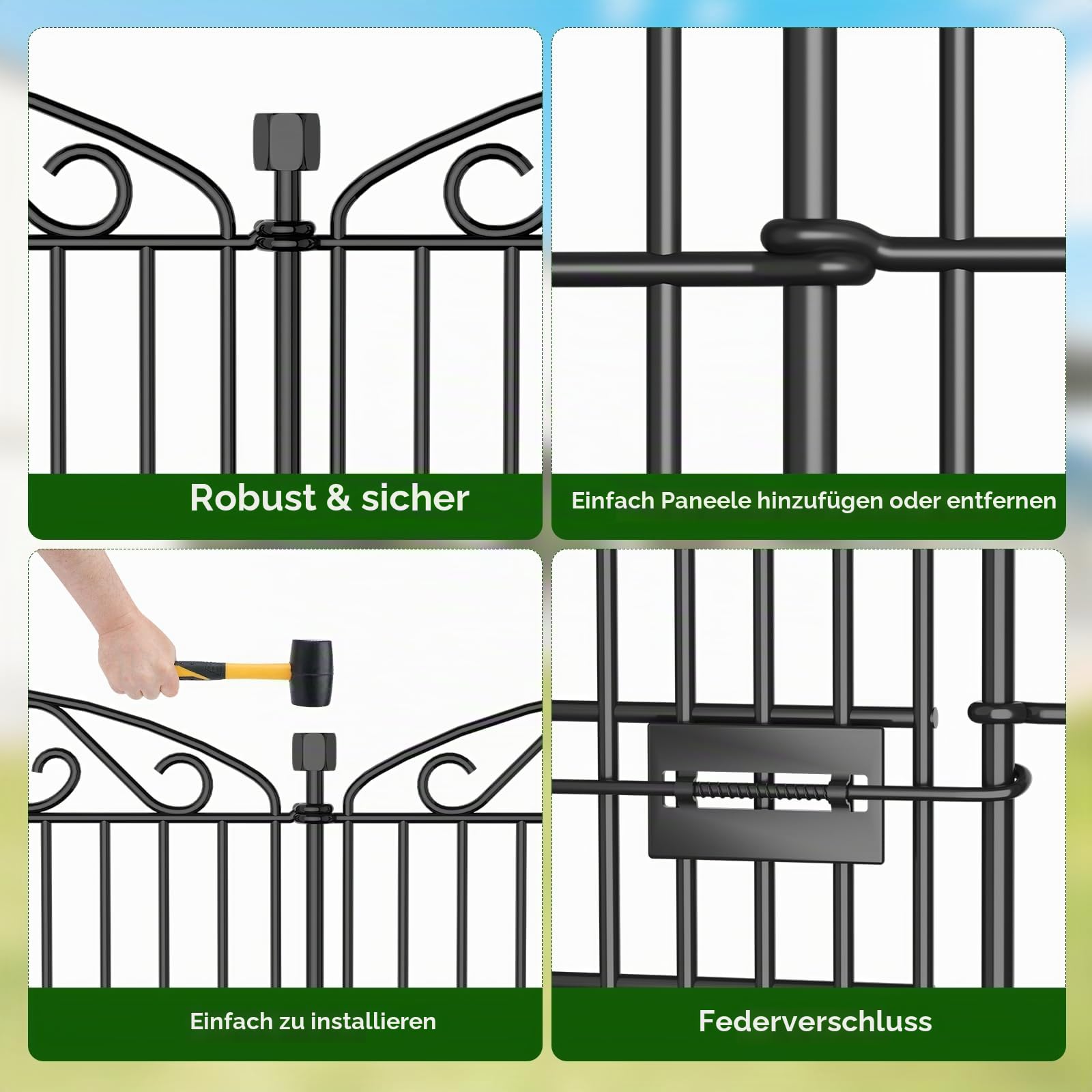 10 Paneele Gartenzaun mit Tor – 122 cm H x 7,1 m L, ohne Graben, rostfreier Metall-Hundezaun für Hunde und Kaninchen, dekorative Außengrenze für Hof, Terrasse und Blumenbeete