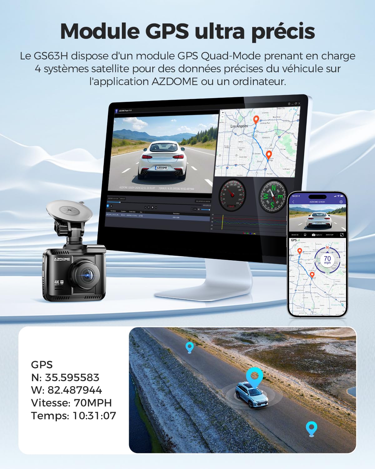 AZDOME 4K WIFI GPS Dashcam Caméra de Voiture avec 170°Angle, Vision Nocturne, Enregistrement en Boucle, G capteur, Détection Mouvement, Monitor Stationnement Embarquée Enregistreur de Conduite