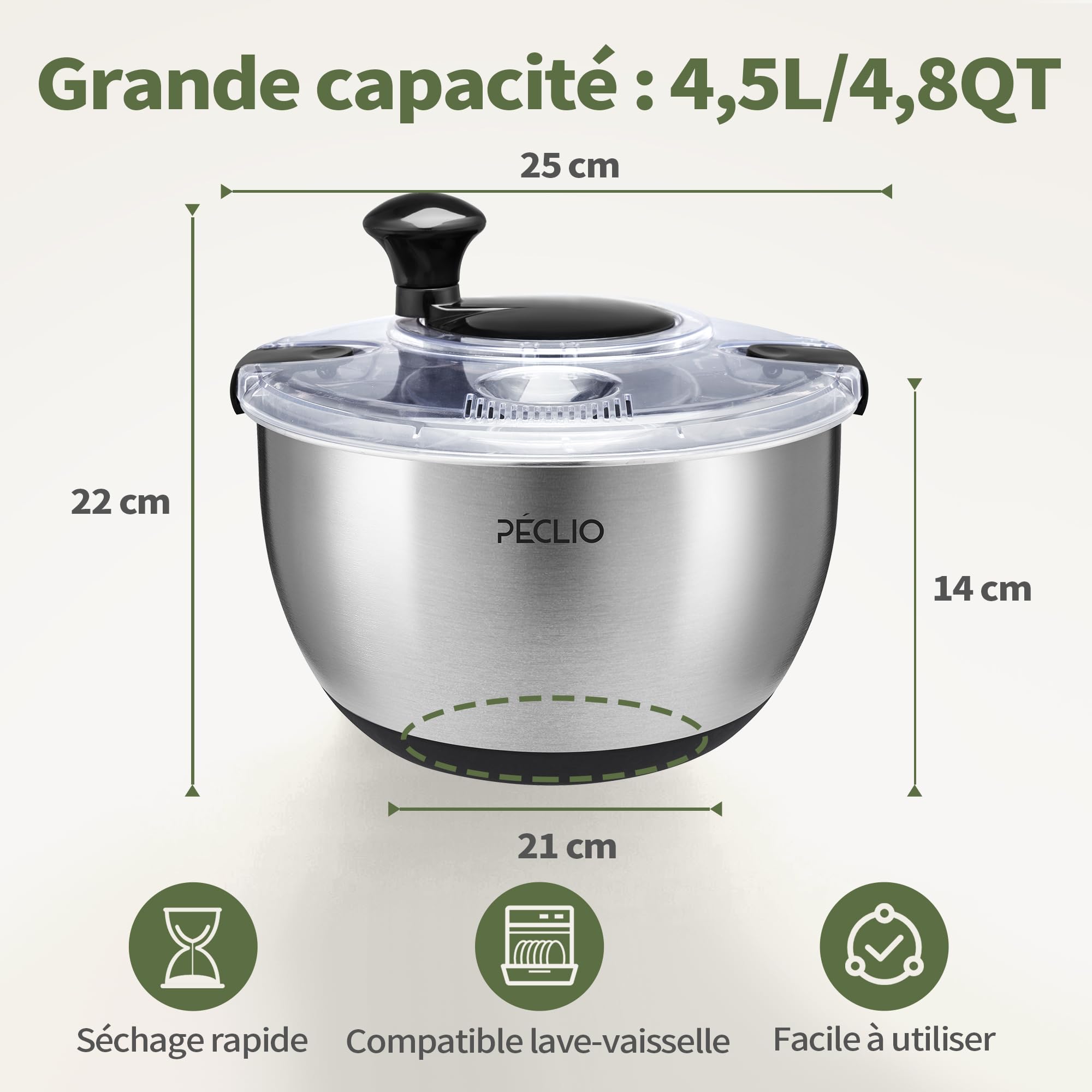 Grande Essoreuse à salade 4,5L en acier inoxydable 18/10 de haute qualité avec couvercle transparent, fond antidérapant - Salad Spinner avec mécanisme à manivelle - Sans BPA et passe au
