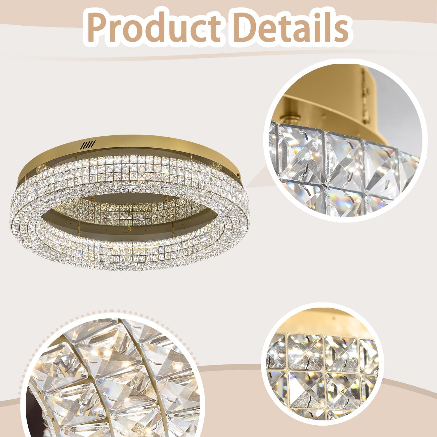 32'' Modern Chandeliers for Living Room Crystal Chandelier Flush Mount Ceiling Light Fixture for Dining Room Living Room Bedroom Dimmable 2700-6000K (Gold Chandelier)