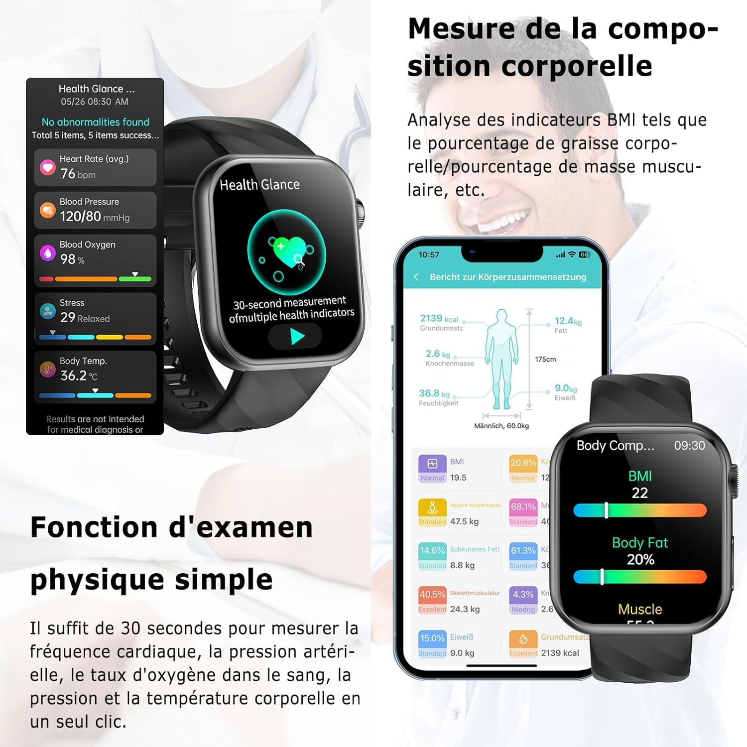 2026 Montre Connectée avec ECG/HRV/IMC/Tension Artérielle/Sommeil/Fatigue | 1.97" AMOLED Homme Smartwatch avec 24H Fréquence Cardiaque/SpO2/Température Corporelle, Appel Bluetooth/SOS, pour Android/iOS