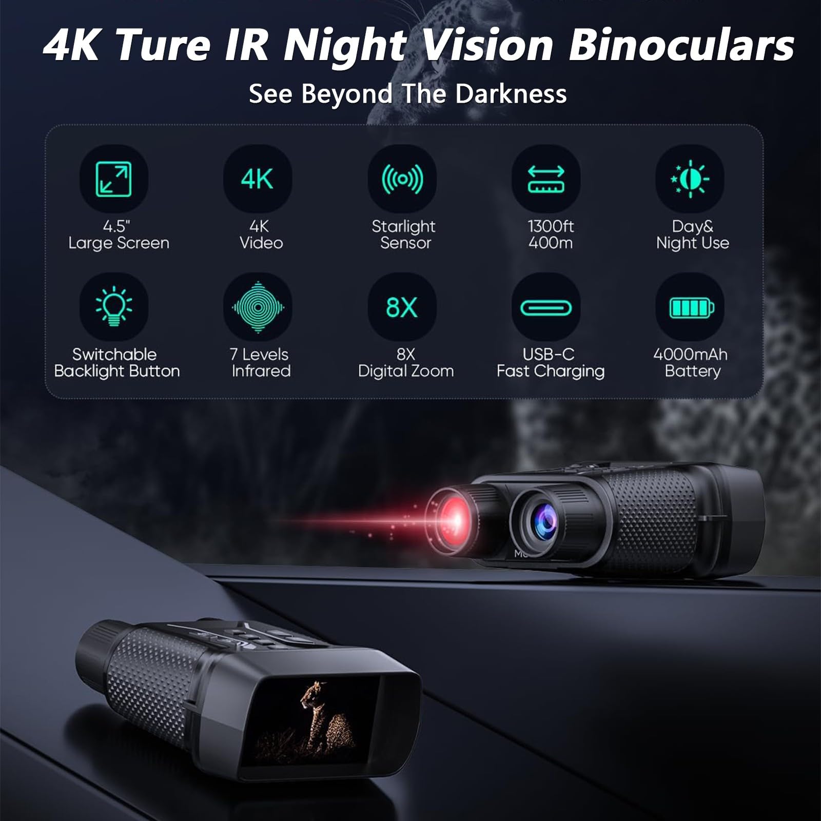 Prismáticos de visión nocturna, pantalla HD, recargable, zoom digital 8X, rango de visión de 400 m, grabación de video 4K, infrarrojos para observación de vida silvestre
