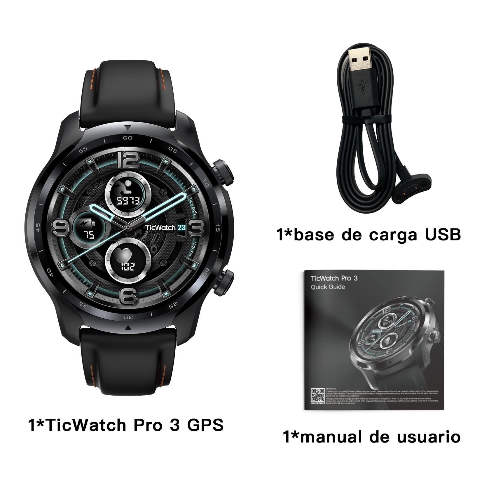 TicWatch Pro 3 Reloj inteligente con GPS para hombres y mujeres, Wear OS by Google, Pantalla de doble capa 2.0, Batería de larga duración, Negro