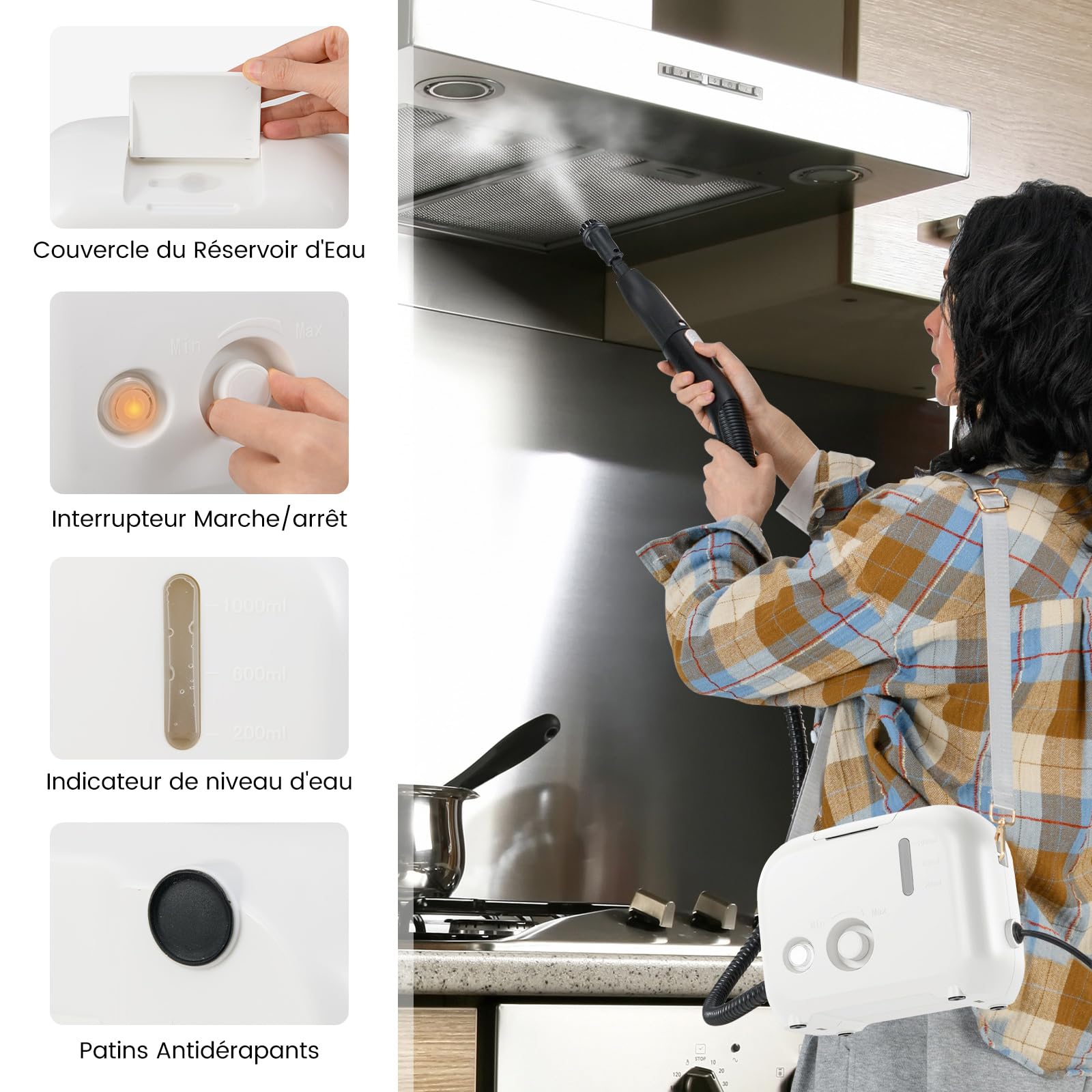 RELAX4LIFE Nettoyeur Vapeur Portable 1500W, Nettoyant Vapeur Électrique avec 1 L Réservoird’eau 3Bars 12 Accessoires Complets pour Cuisine Salon Voiture Canapé (Blanc)