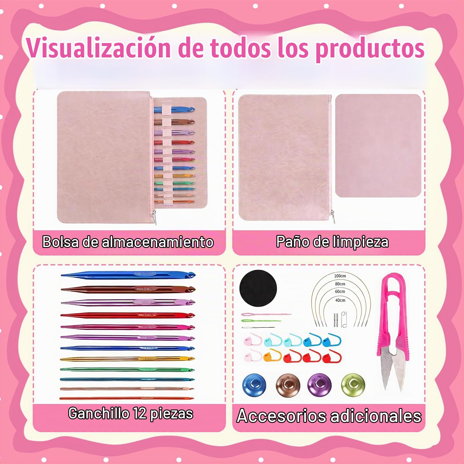Ganchillos Crochet, Juego de Agujas de Ganchillo con 12 Tamaños de Ganchillos de Óxido de Aluminio Cable de 40 cm/60 cm/80 cm/100 cm y Varios Accesorios para Principiantes y Aficionados al Ganchillo