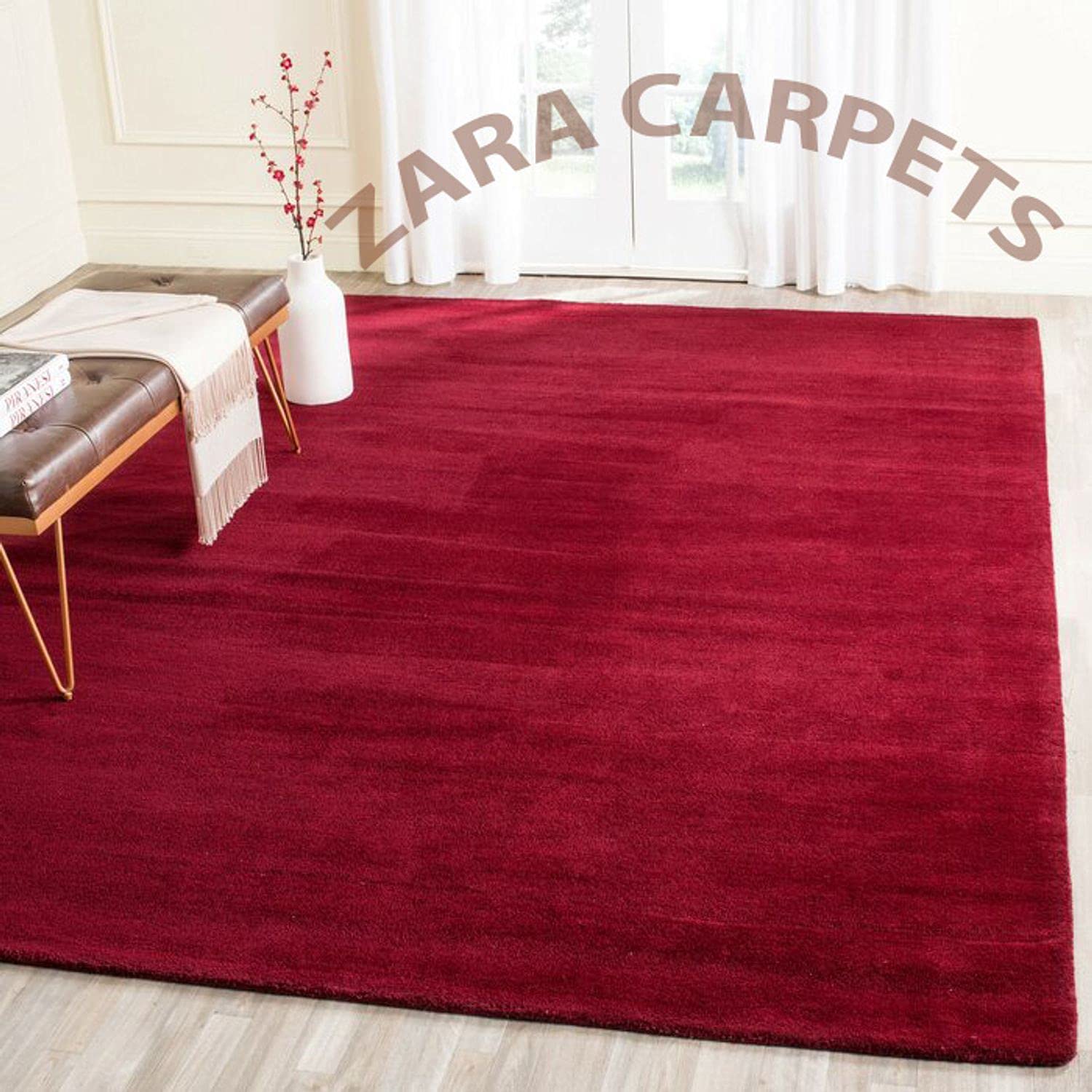 Zara Carpets Solid Plain Exported Quality Hand Made Carpets and Rug Size 8 Feet by 10 Feet (8x10 feet) Blood Red