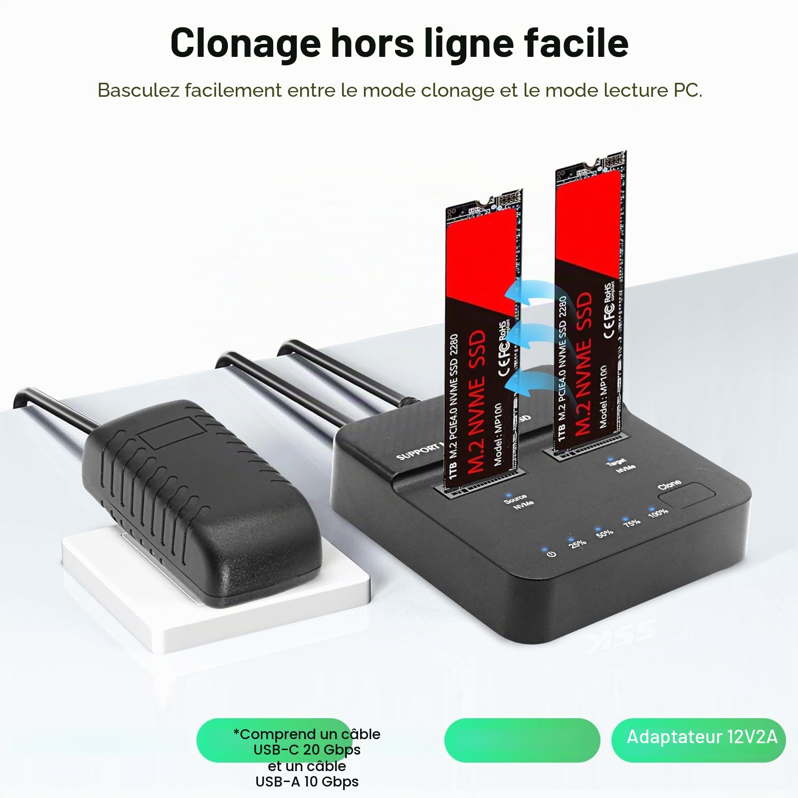 Station d'accueil pour disques durs Dual Bay NVMe M.2 SSD 20 Gbit/s USB 3.2 Gen 2 x 2 avec clonage hors ligne, adaptateur M.2 NVMe SSD sans outil pour SSD M Key/B+M Key