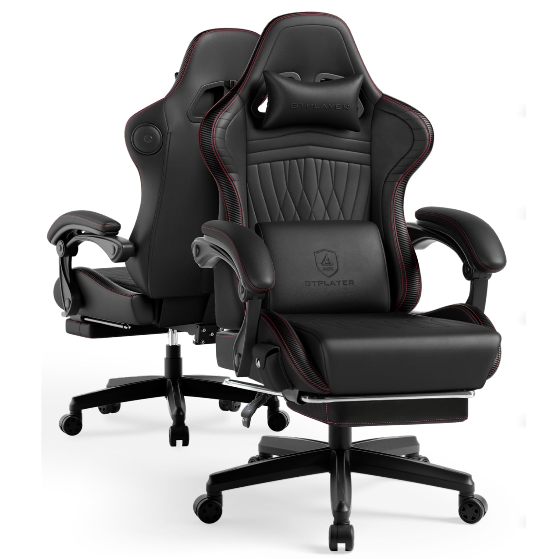 GTPLAYER ACE-PRO Music Gaming Chairs – Built-in Speakers, App Support &amp; Bluetooth Control, Computer Game Chairs with Footrest for Adults, Ergonomic, Reclining, Linkage Armrest, BK‑RD Stitch