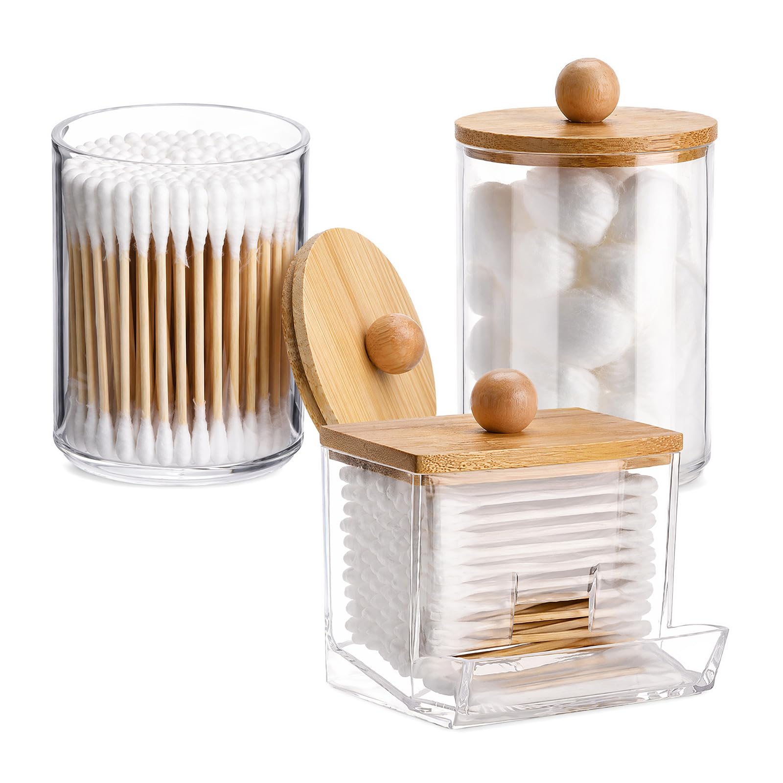 LIRONGTAGE 3 Pcs Cotton Pad Holder, Bathroom Storage Dispenser Jars, Cotton Wool Bud/Swab/Ball/Makeup Holder with Bamboo Lid, Vanity Makeup Organiser for Bedroom, Living Room & Dressing Table