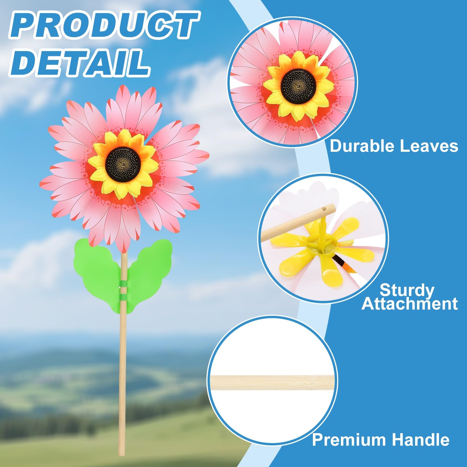 QUARKZMAN 6 Hojas Molinillos De Viento 14.2" Molino De Viento Rosa/Blanco | Giratorio Degradado Con Girasol, De Madera Con Palos De Girasol, Para Jardín Patio Césped Fiestas