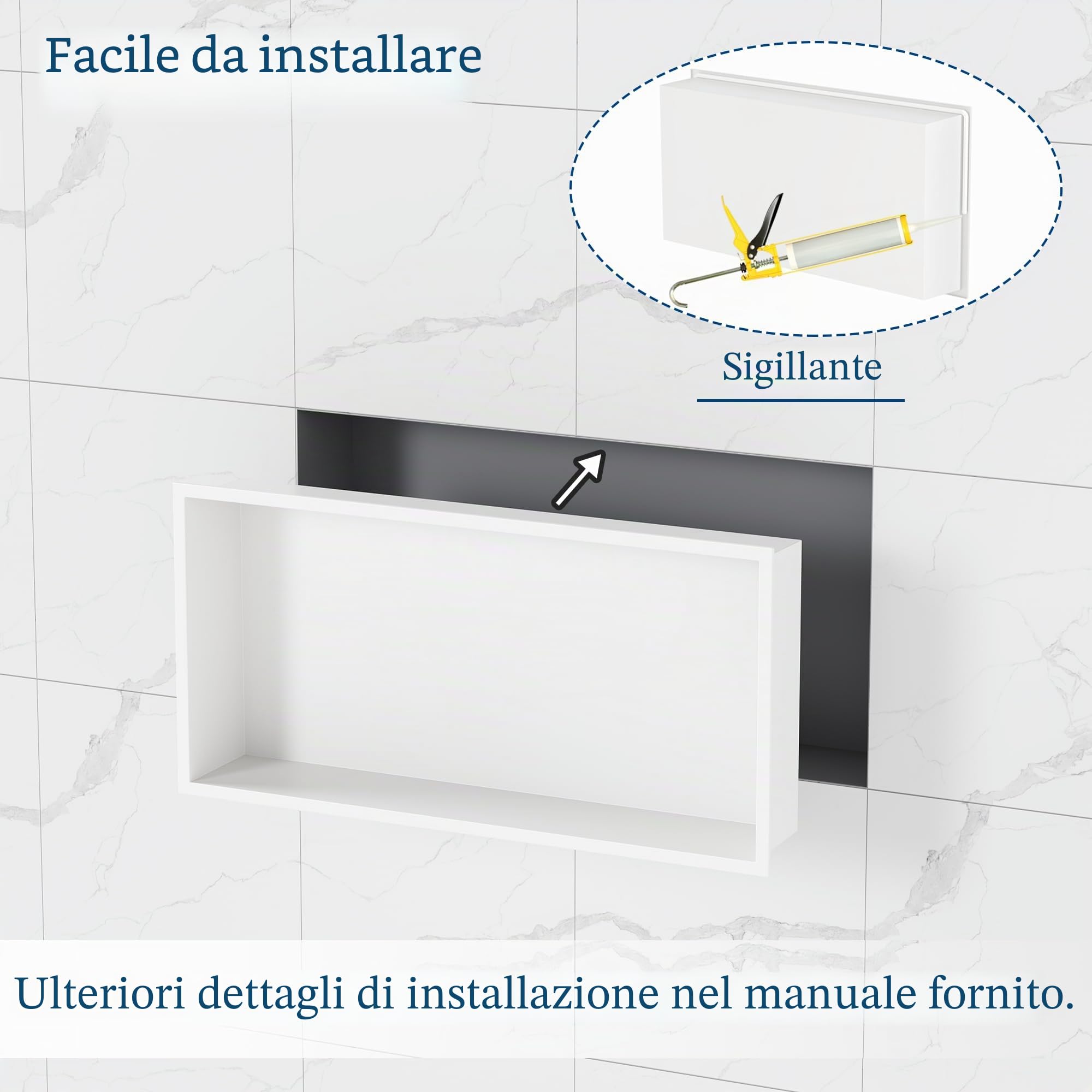 Qeke Nicchia a Muro in Acciaio Inox 304, Nicchia-Doccia Montato a Parete, Mensola da Incasso per Bagno, 60CM, Monostrato, Bianco