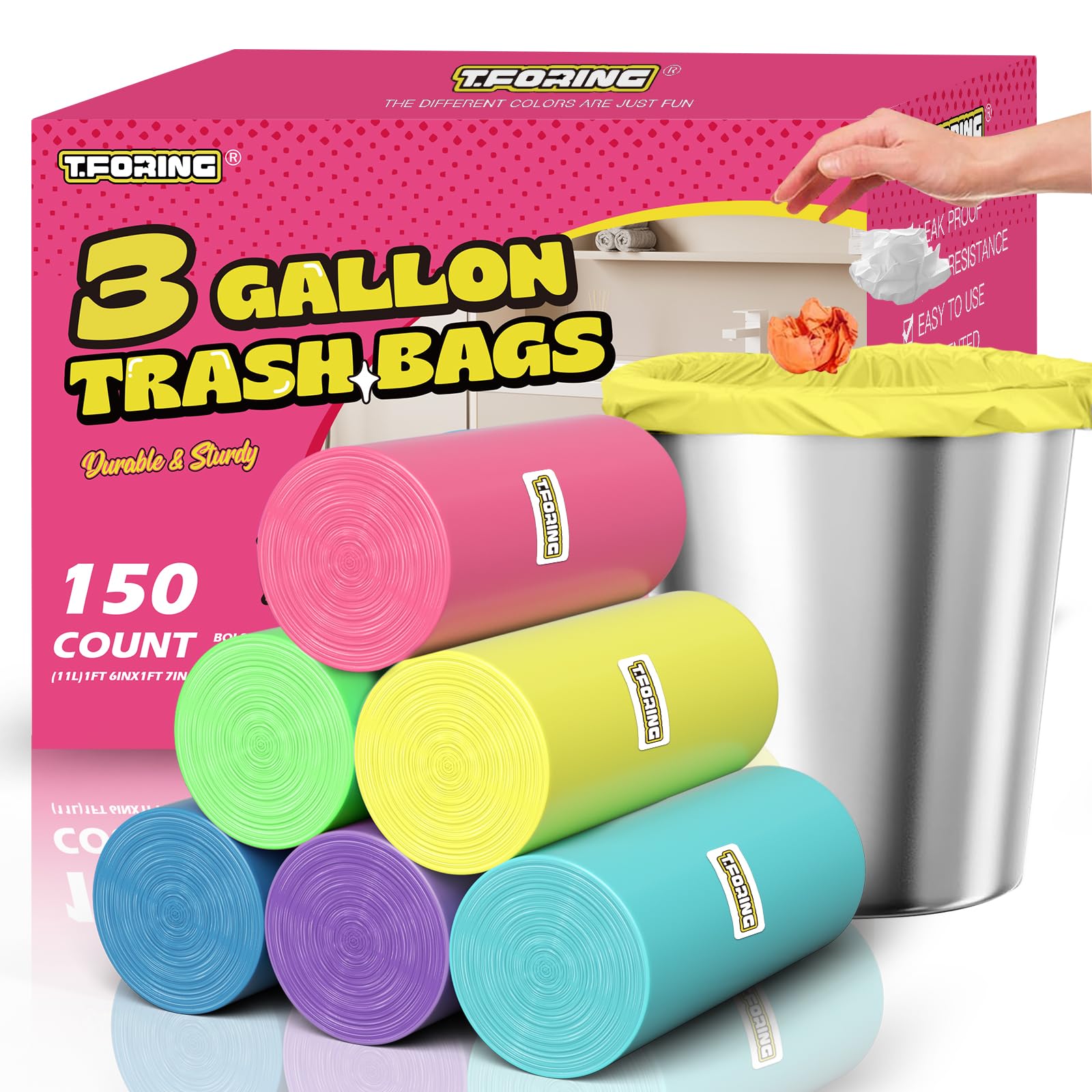 T.FORING Small Trash Bags 3 Gallon -150 Count Mini Garbage Bags Unscented,12 Liter Colored Plastic Trash Can Liners,Strong Wastebasket Liners for