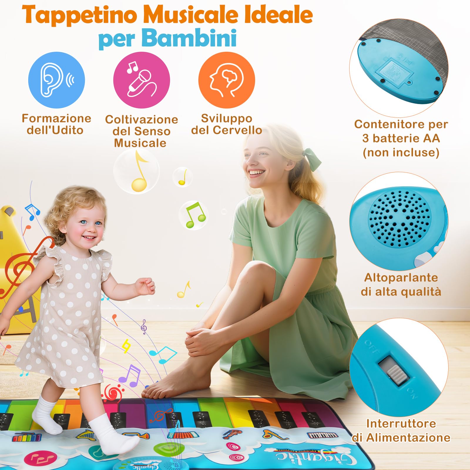 COSTWAY Tappetino Musicale, 24 Tasti Tappeto Pianoforte con 8 Suoni, Giocattolo Educativo per Bambini 1+ Anno, Regalo per Ragazzi (120 x 47 cm)