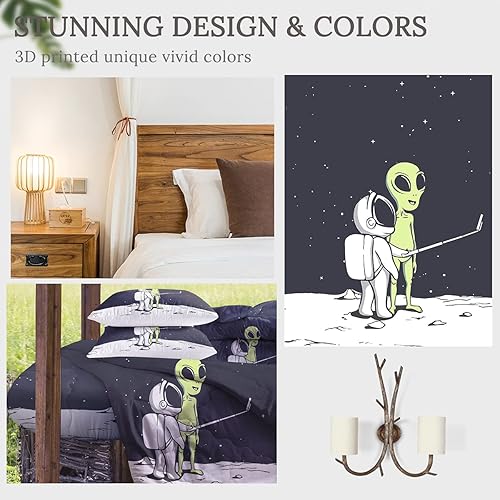 Miniatura 4 de Sleepwish Juego de edredón de astronauta y alienígena (individual), edredón reversible con 2 fundas de almohada, 1 funda de cojín, juego de edredón