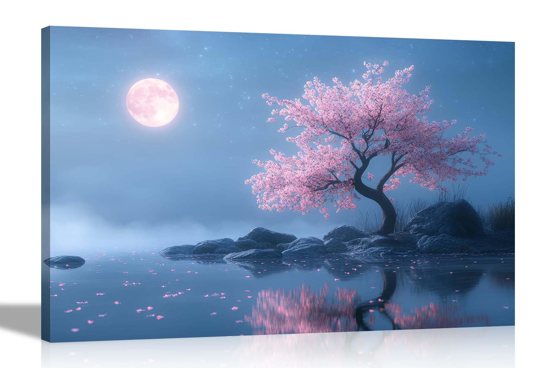 Artley Prints Misty Cherry Tree Landscape - Moonlit Foggy Night With Cherry Tree And Lake Framed Canvas Wall Art Prints Living Room Bedroom Home Pictures 30 X 20Cm (12 X 8 Inches) A4