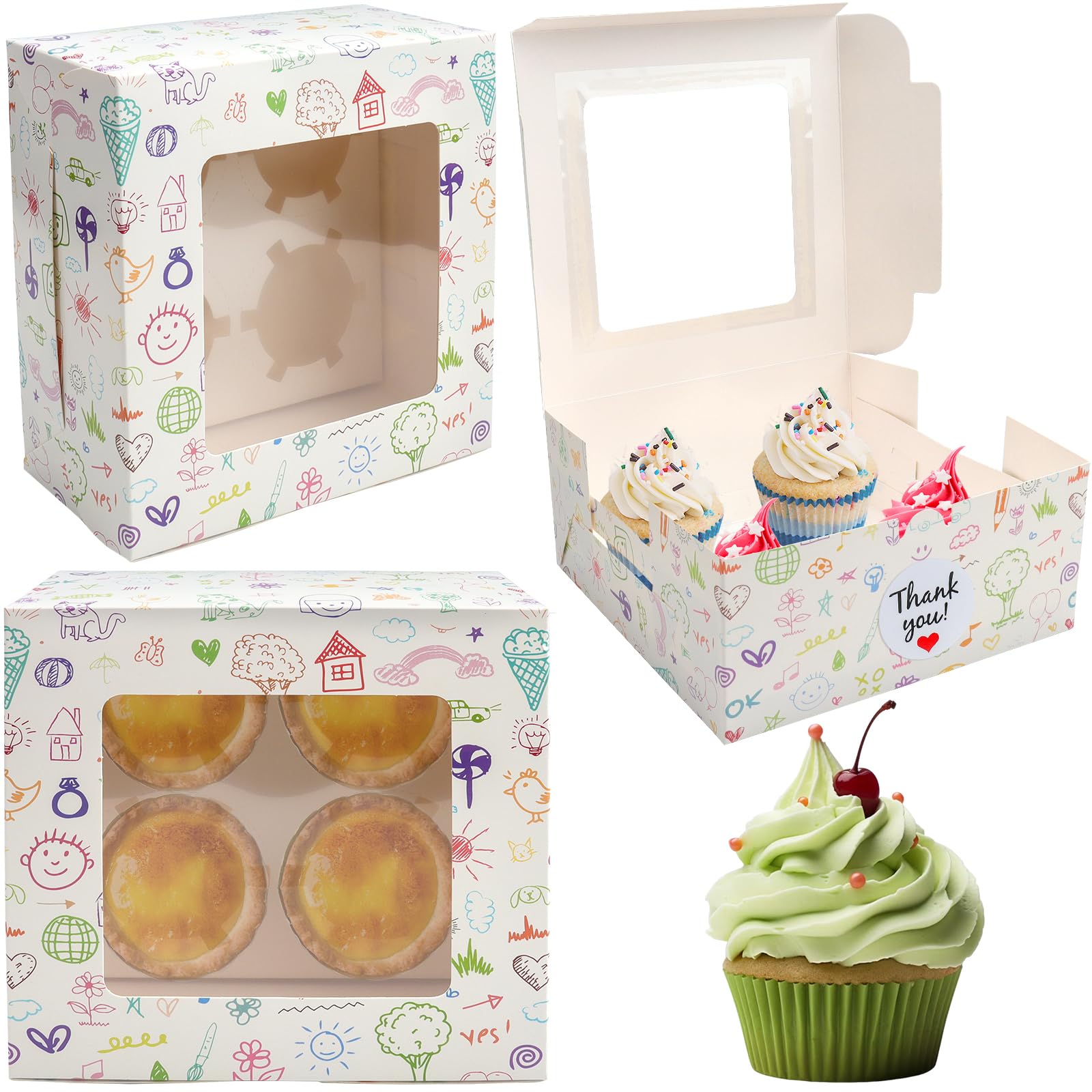 LHNNDM 20 Pcs Cupcake Boxes 4 Hole with Window and stickers, Cupcake Carrier Bakery Pastry Boxes Cookie Treat Muffins Boxes Carrier for Home Baker Birthday (Graffiti 4 hole)