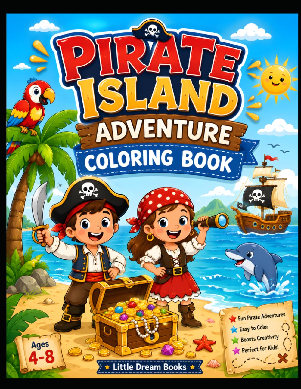 Pirate Island Adventure Coloring Book: Fun Treasure Hunts, Pirate Ships, Hidden Caves, Ocean Friends, and Exciting Island Adventures for Kids Ages 3-8