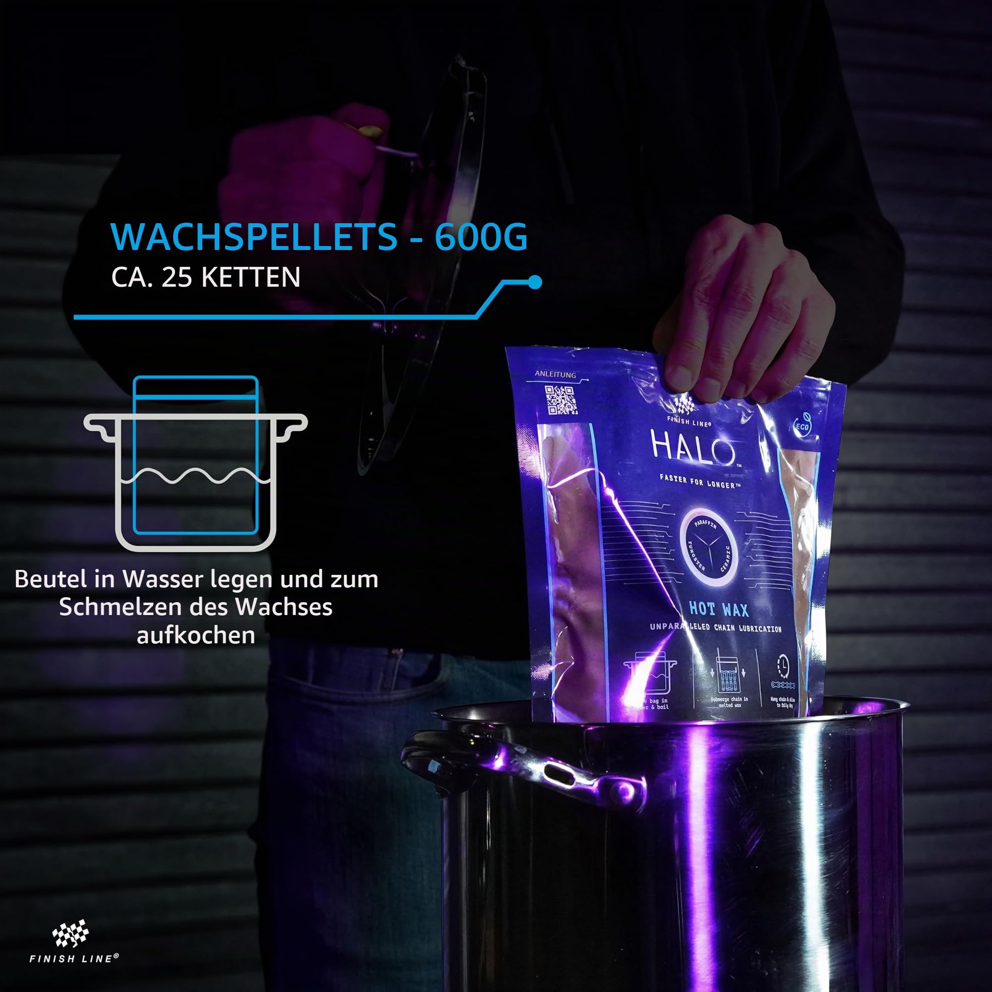 Finish Line HALO Hot Wax, Premium Heißwachs, 600g Set mit Eintauchwerkzeug, Wachs-Pellets zum Einschmelzen, Kettenwachs für Fahrradkette, Kettenfett für Langlebigkeit, e bike & Fahrrad Zubehör
