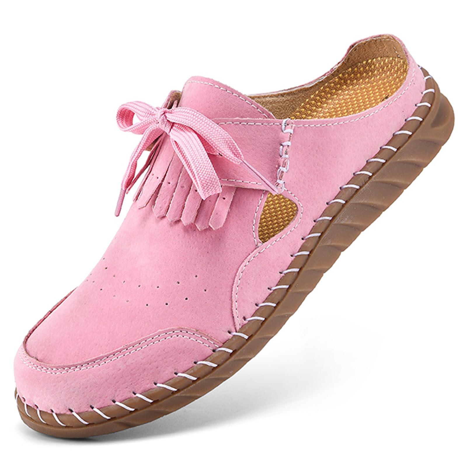 PTNOKA Women's Closed Round Toe Tassel Mules Hand Stitched Slip On Casual Flat Mules Summer Dressy Slide Sandals