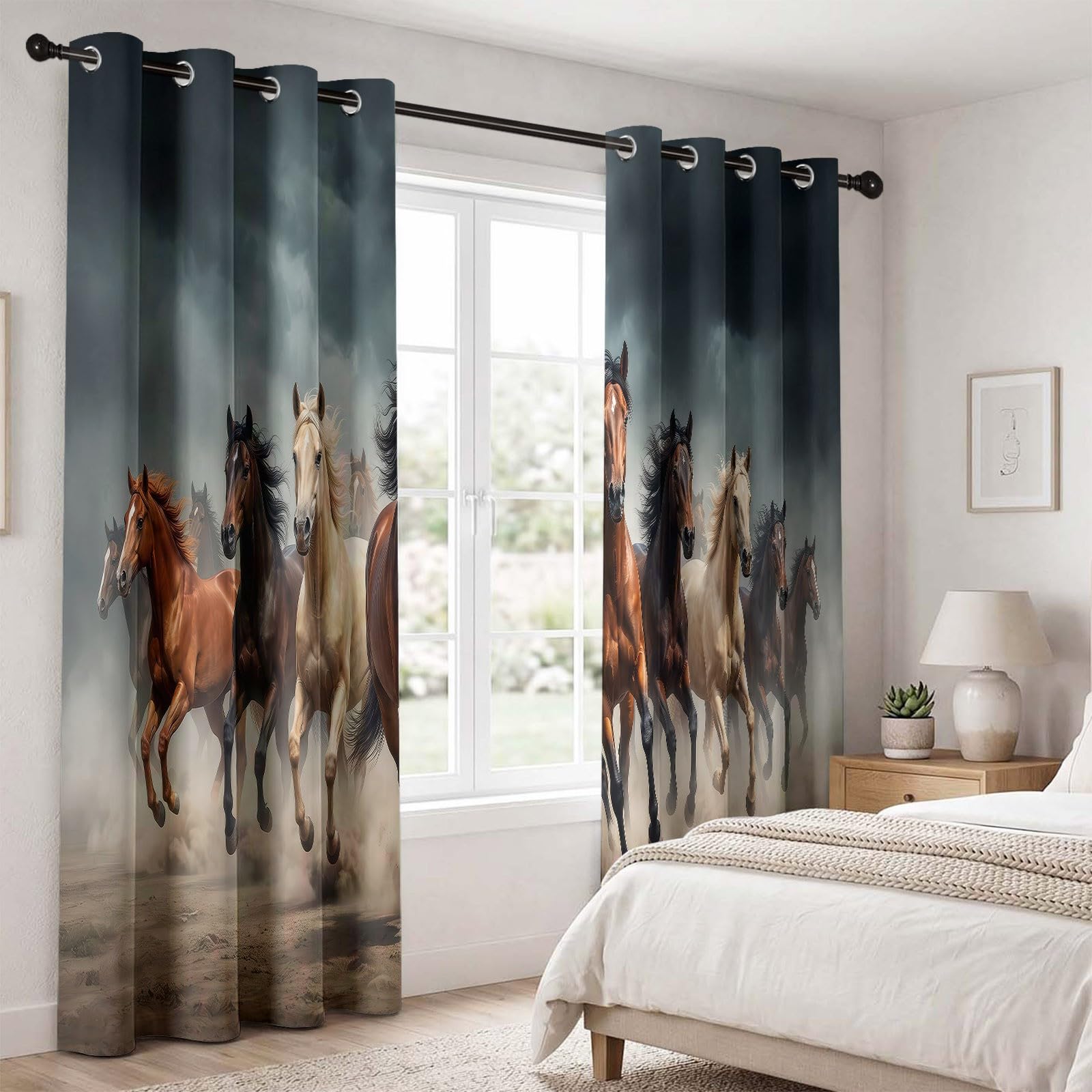 Generisch Verdunkelungsvorhänge Natur Landhausstil, Ölgemälde Tier Pferd Staub Vorhänge mit Ösen für Wohnzimmer, H245 x B100 cm 2 Paneele Blickdicht Thermovorhang Dekoration für Schlafzimmer, Beige