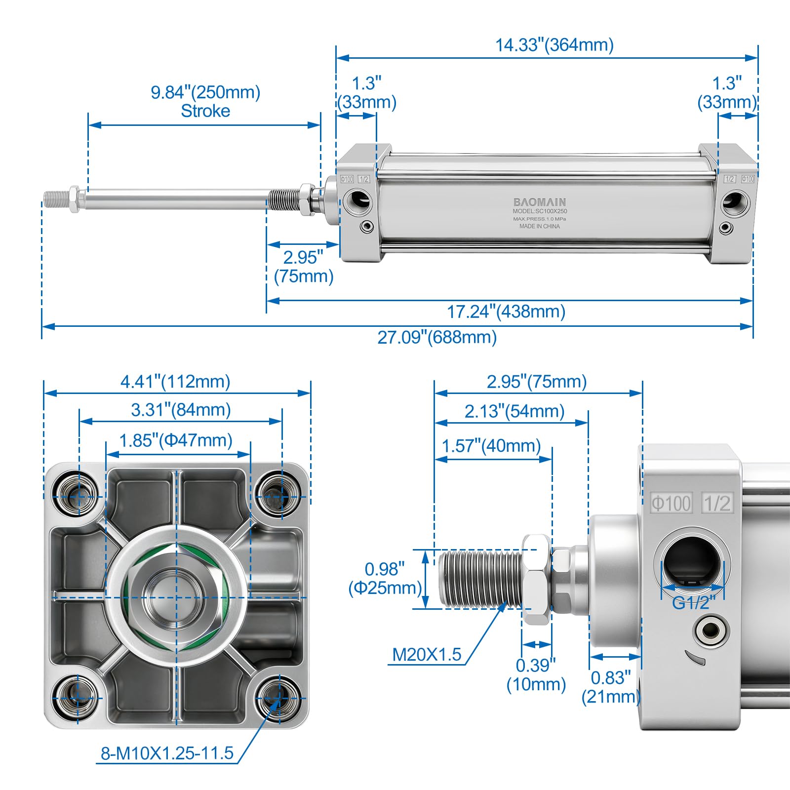 Baomain Pneumatic Air Cylinder - 10" Stroke -2