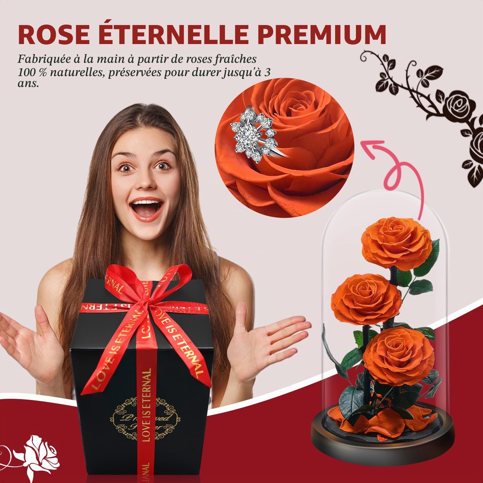 Rose Éternelle sous Cloche, Naturelle Fleur Eternelle Cadeau, Idée Boite Rose Eternel, Cadeau pour la Saint-Valentin, Fête des Mères, Noël, Anniversaire, Femme, Copine, Amie, Maman, Grand Mere
