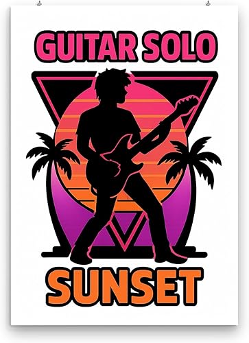 Vintage Sunset Silhouette Art Poster - Retro Neon Guitar Design - Gloss Paper Finish - Music Room Decor for Guitarists