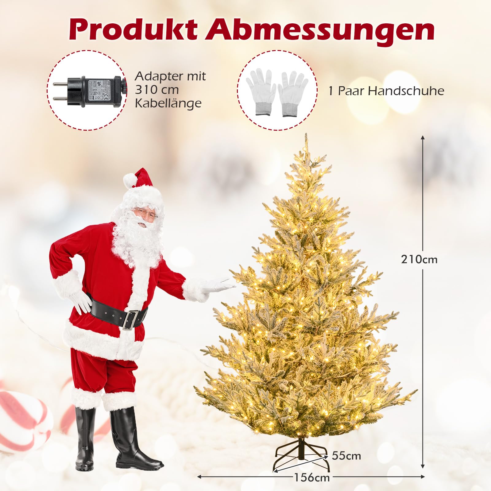 COSTWAY 210 cm Künstlicher Weihnachtsbaum mit Beleuchtung und Schnee, Tannenbaum mit warmweißen LED-Lichtern, 13 Modi, Timer, Einstellbarer Helligkeit, Christbaum, Kunstbaum Weihnachten für Zuhause
