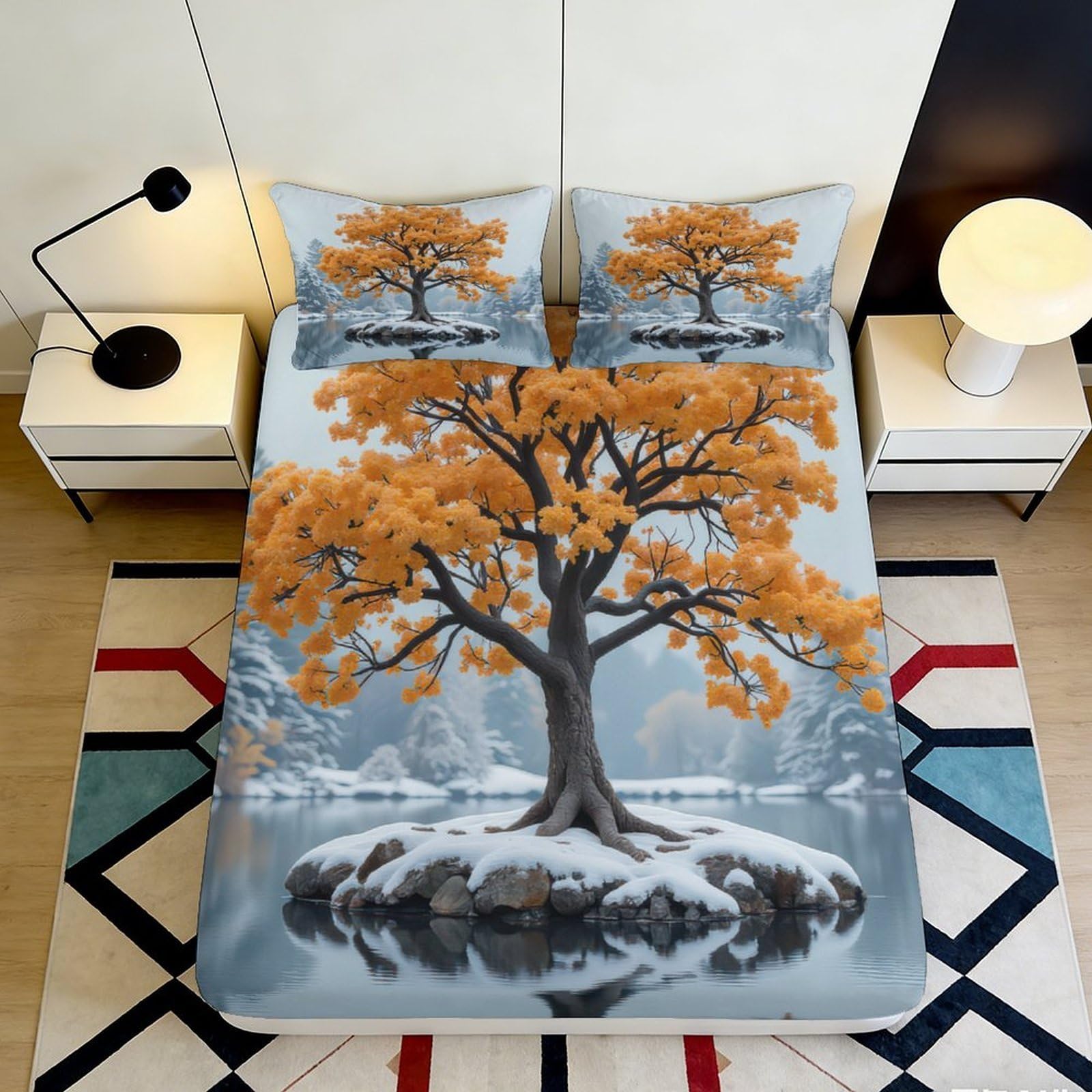 Uynsixtme Style-10 3D Printed Tree Pattern Fitted Sheet Microfiber Deep Pocket Bedroom Bedding Wrap Tree Mattress Fitted Cover Non-Slip Washable For All Ages 140X200x25cm