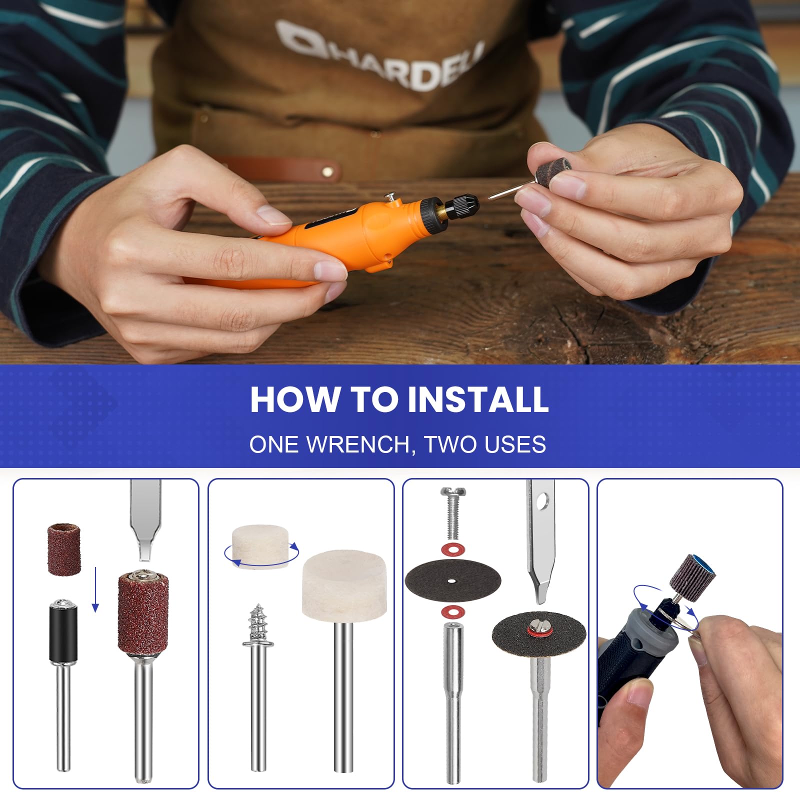 HARDELL Kit 508 Piezas para Herramienta Rotativa, compatible Dremel. Accesorios 1/8" (3.2mm) para lijar, taladrar, pulir, tallar y grabar. ¡Multiusos y completo!