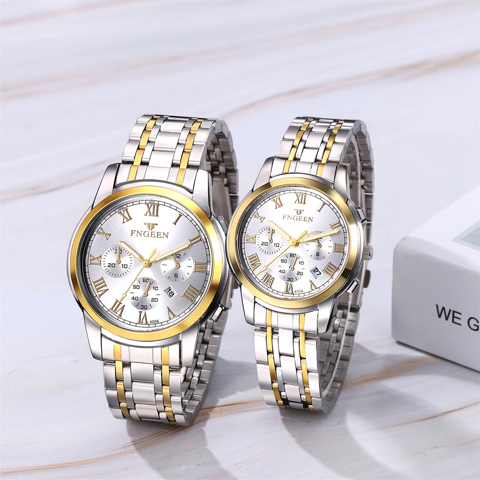 JewelryWe Orologio da Polso da Coppia Impermeabile: da Uomo Donna Cinturino Regolabile in Acciaio Inossidabile con Quadrantini Finti Orologio Numero Romano alla Moda al Lavoro
