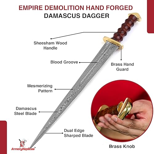 Miniatura 3 de Armory Replicas - Espada corta de acero de Damasco forjada a mano de inspiración medieval con mango de madera auténtica y latón - Coleccionable