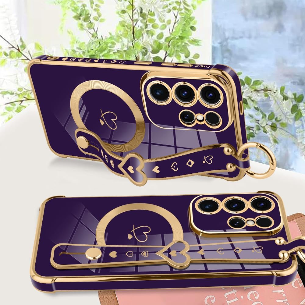 MOWIME Magnetic for Samsung Galaxy S26 Ultra Case with Finger Hand Wrist Strap, Compatible with Magsafe, Cute Heart Design for Women Girls Plating Gold Edge Protective Phone Cover - Dark Purple