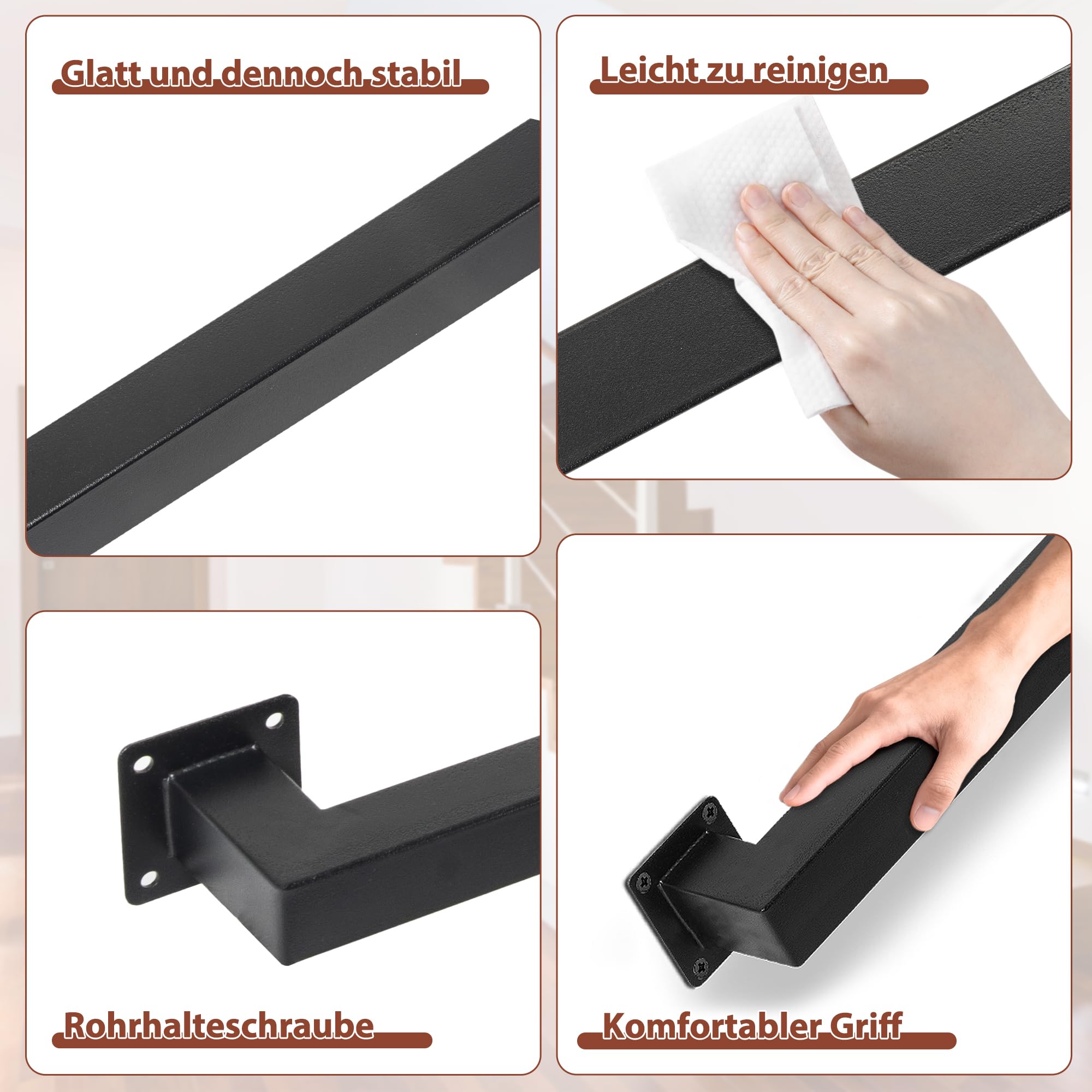OUUTMEE Pasamanos de 90 cm de tubo cuadrado de acero al carbono, adecuado para uso interior y exterior, barandilla de escalera, altura 7,5 cm, negro