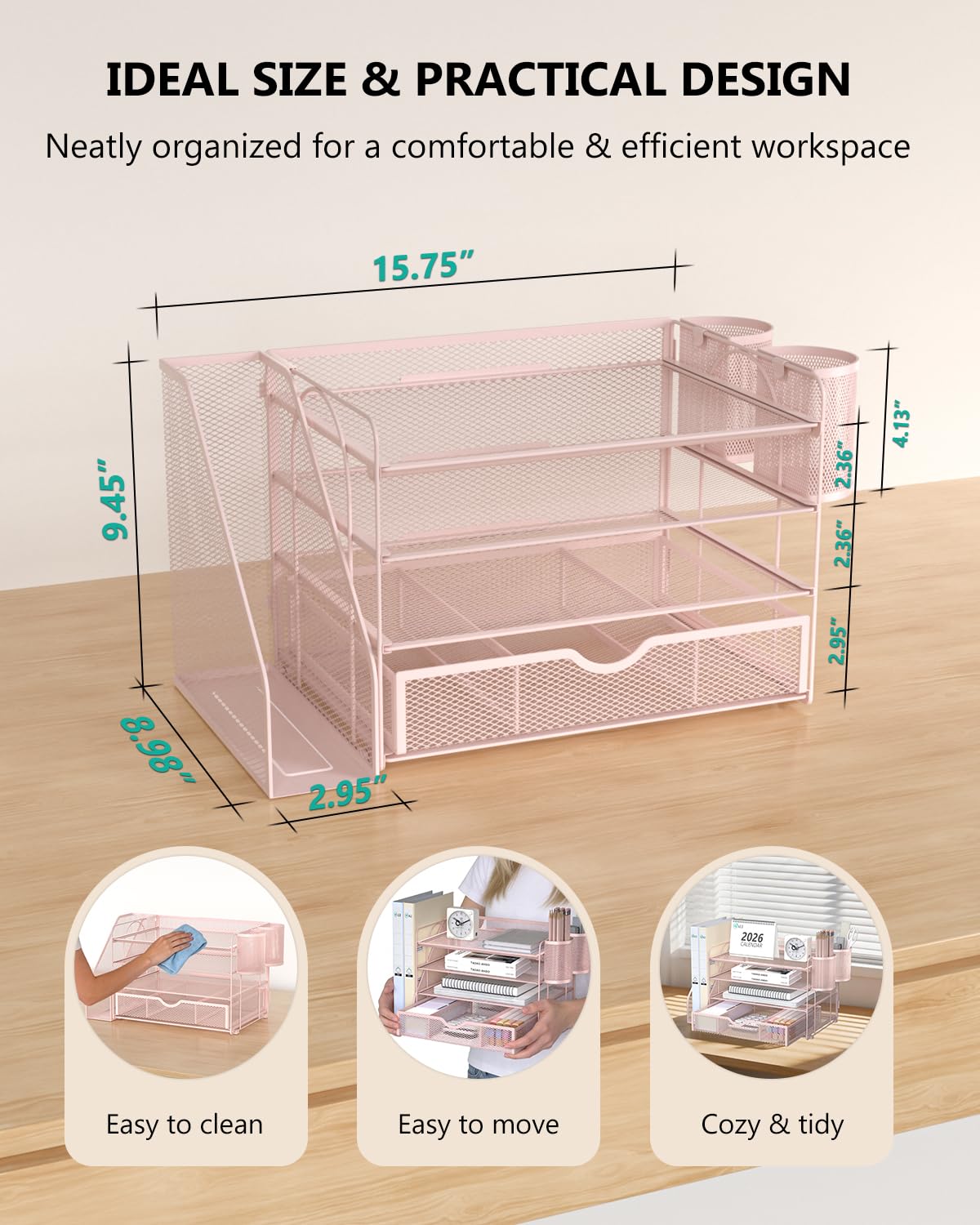 WALI Desk File Organizer, 4 Tier Desktop Paper Letter Tray Organizer with Drawer and 2 Pen Holders, Office Desk Accessories & Workspace Organizers for Office, Home Supplies(DO005DH-P), 1 Pack, Pink view 8