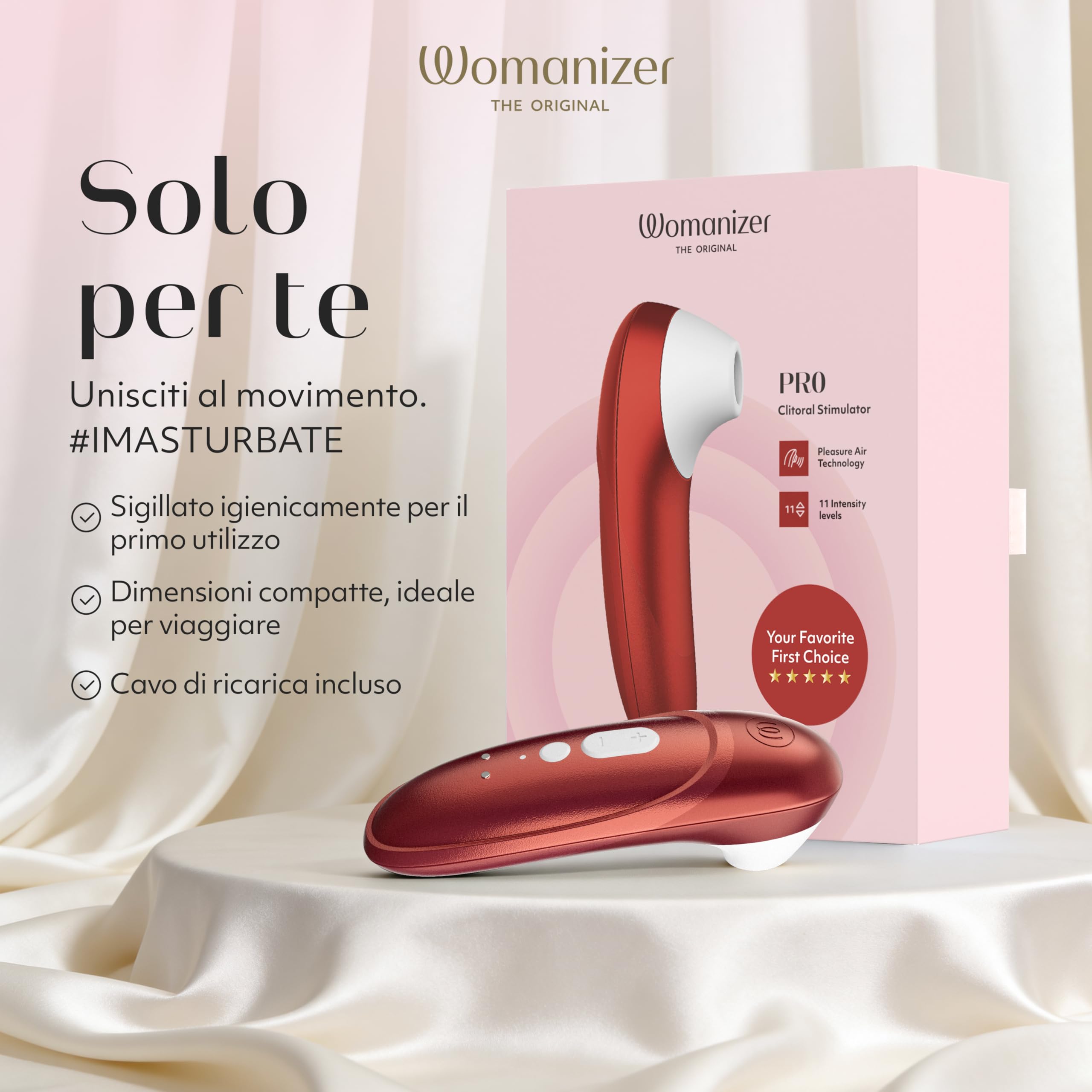 Womanizer Pro Succhia Clitoride Giocattolo per adulti | Vibratore per Donne & Coppie | Stimolatore Clitorideo 11 Velocità di Aspirazione | Massaggiatore Impermeabile per Stimolazione Intima | Rosso