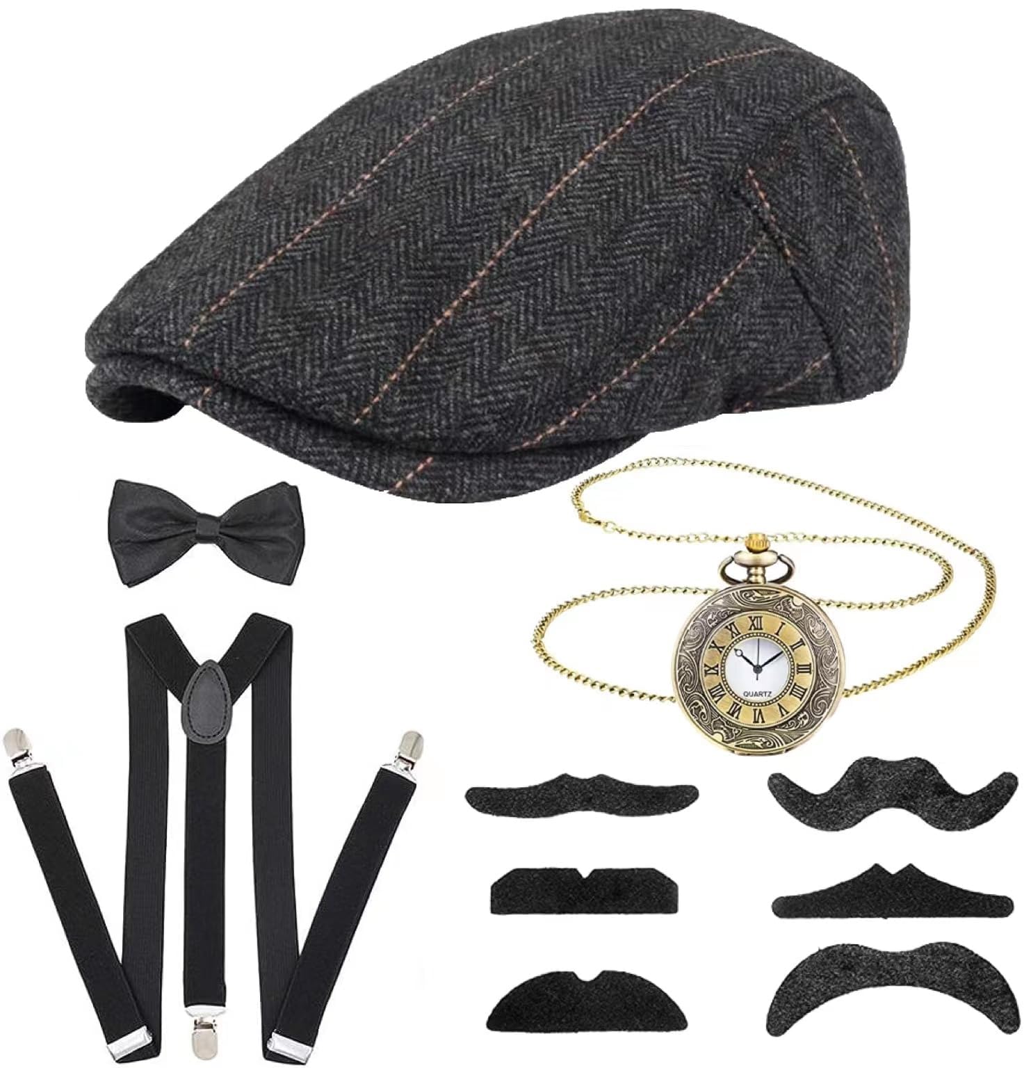 1920s Men Fancy Dress Accessories,Mafia Gatsby Gangster Costume Set 1920s Gangster Set Gatsby Fancy Dress Accessories, Men Costume Kit for Prom Cosplay Event Gangster Party Halloween (grey-2)