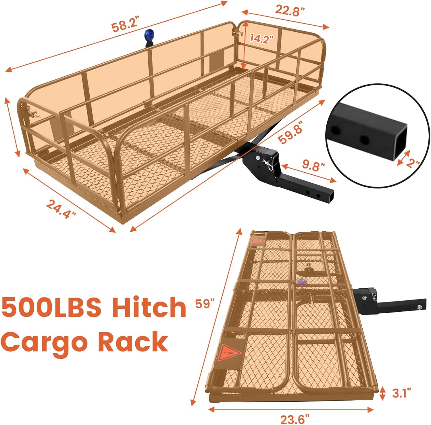 500 Lbs Folding Hitch Mount Cargo Carrier, 60" X 24" X 14" Trailer Trailer Rack Fits 2" Receiver, Heavy Duty Hitch Cargo Rear Luggage Basket for Car SUV Camping Traveling