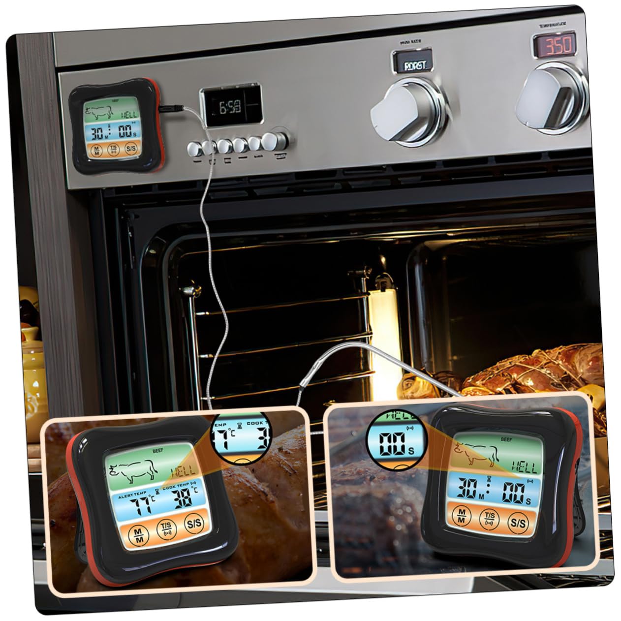 Termómetro Digital de Cocina Temporizador, Acero Inoxidable Negro
