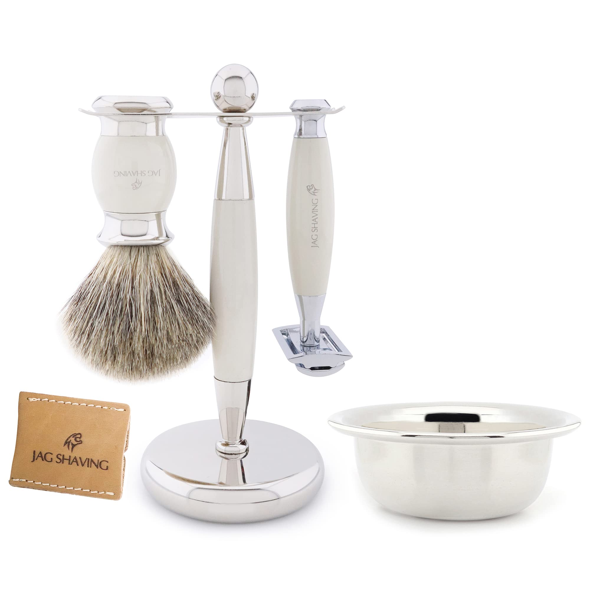 Jag Shaving Zestaw do golenia – 5-częściowy zestaw do golenia – JAG's LEE Range – super pędzel do golenia z włosia borsuka – podwójne ostrza do golenia – miska do golenia – stojak do golenia –